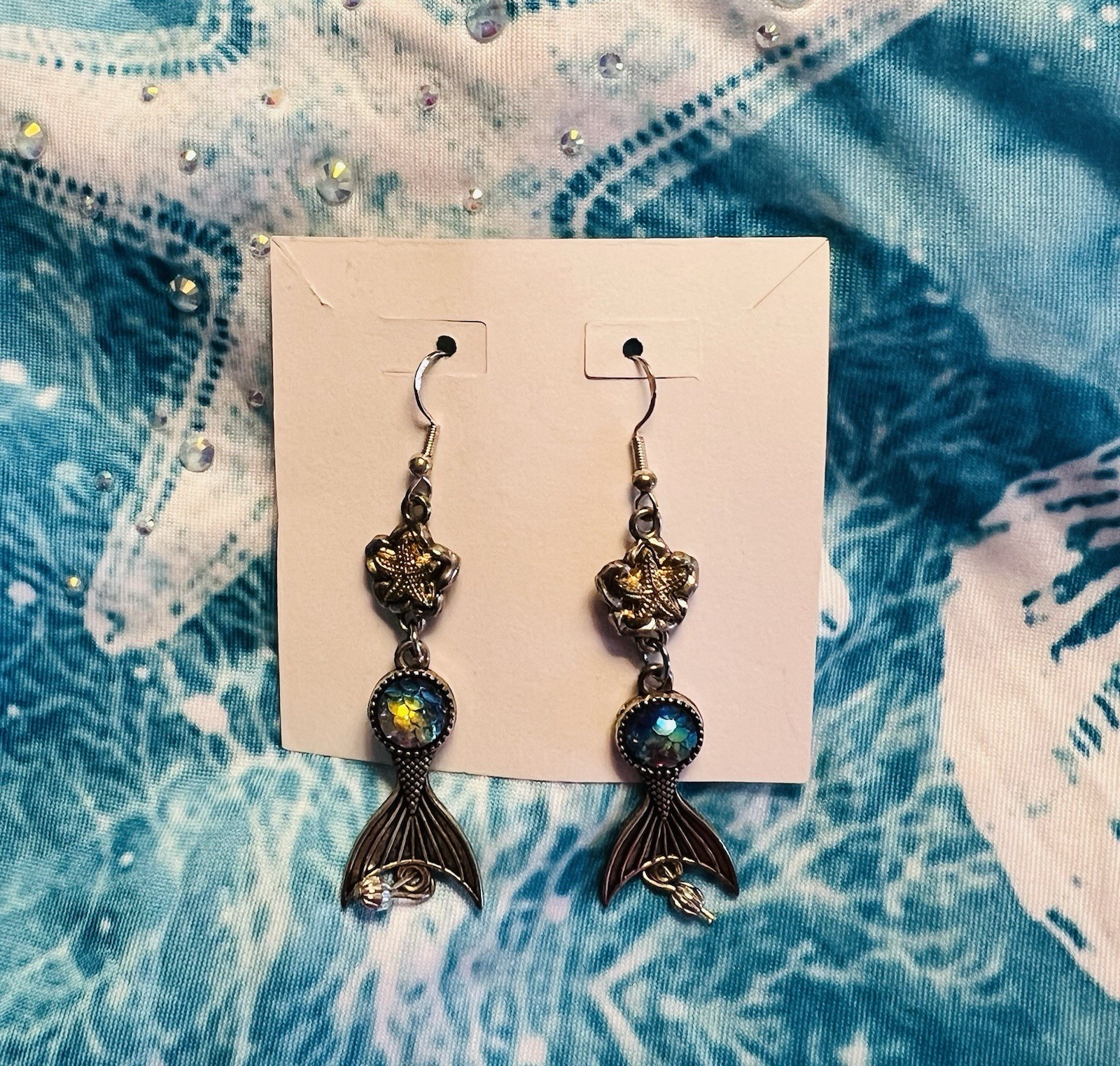 India Boutique Beach Coverup One Sz Blue Nautical, Matching Earrings Exc. Cond.