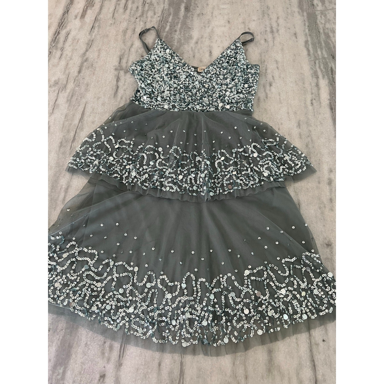 Lace & Beads Silver Gray Sequin Mini Dress Size Small Tiered Tulle