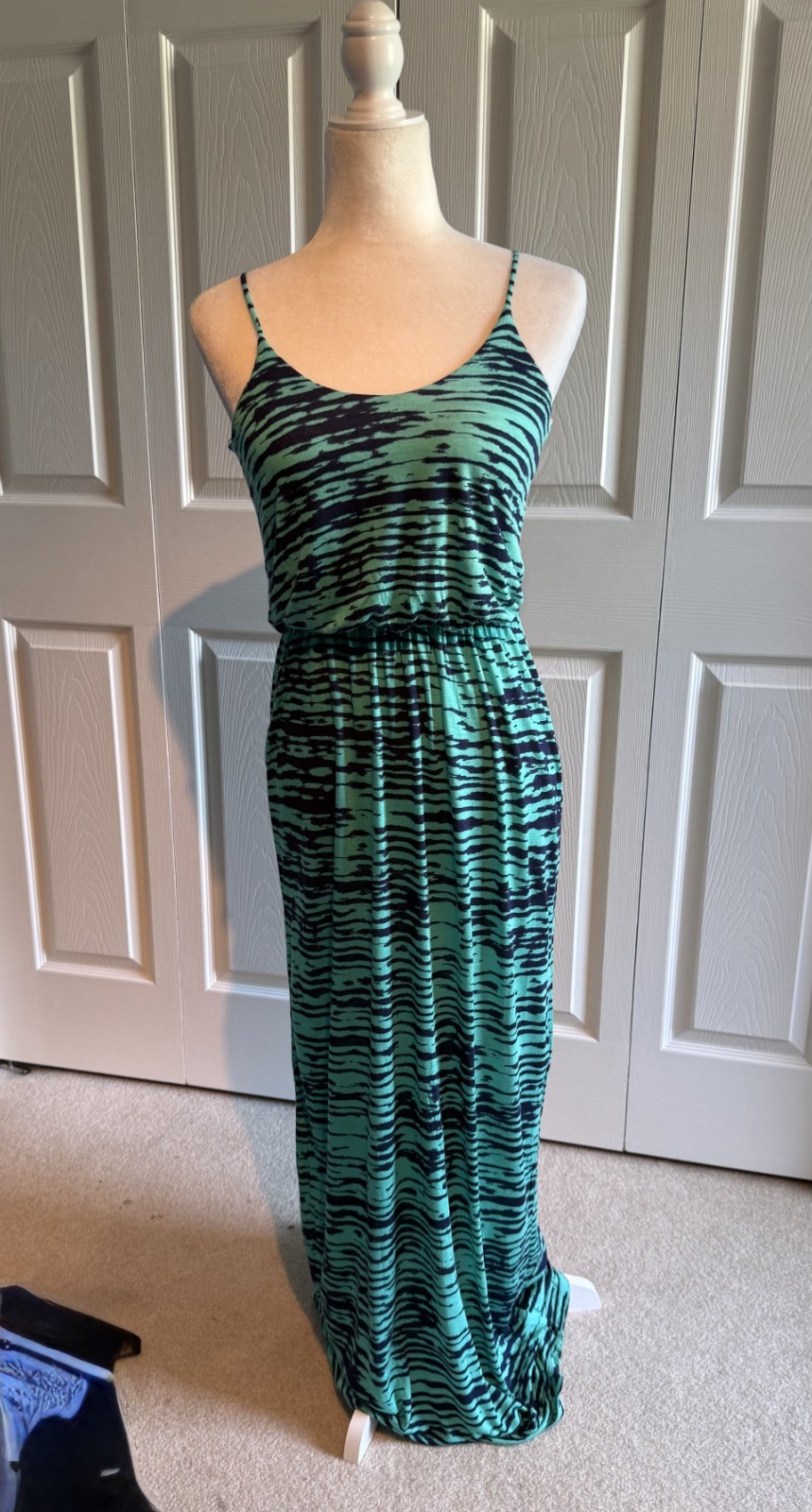 LUSH Women’s Strappy Maxi Dress Green Navy Print Blouson Sleeveless NWT Small