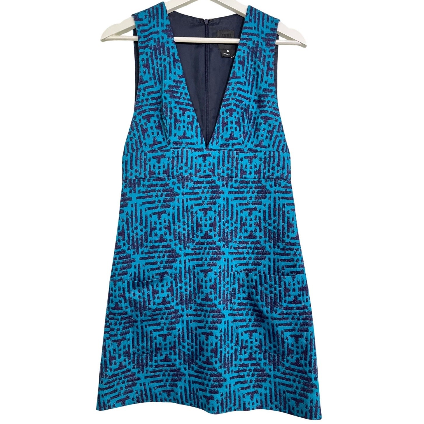 Anna Sui Teal Purple Jacquard Mini Dress Sleeveless Plunge Neck Size 0 USA