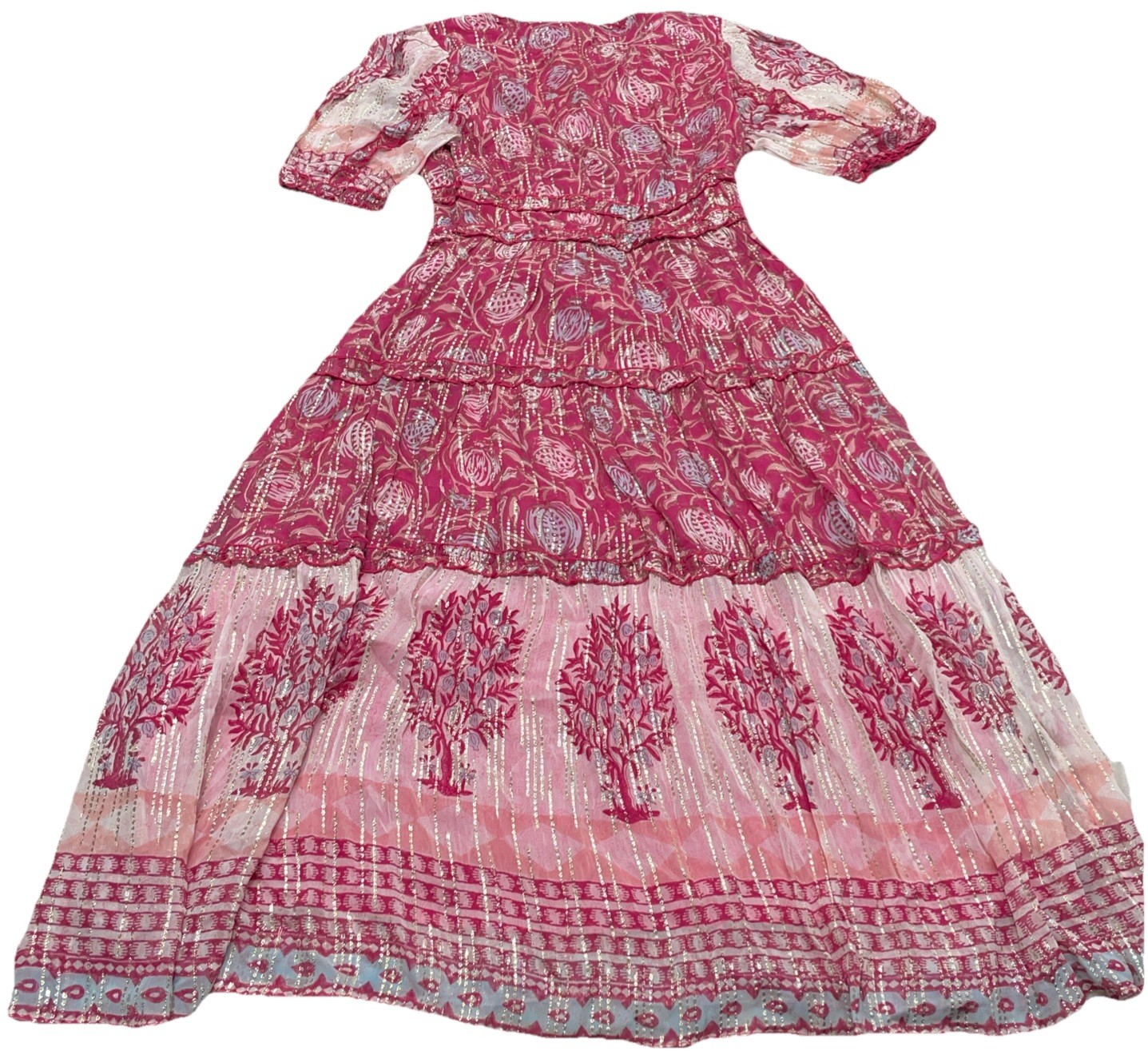 ASH & EDEN Tuckernuck Maxi Dress M Pink Gold Tiered Boho Hippie India Artsy NWT