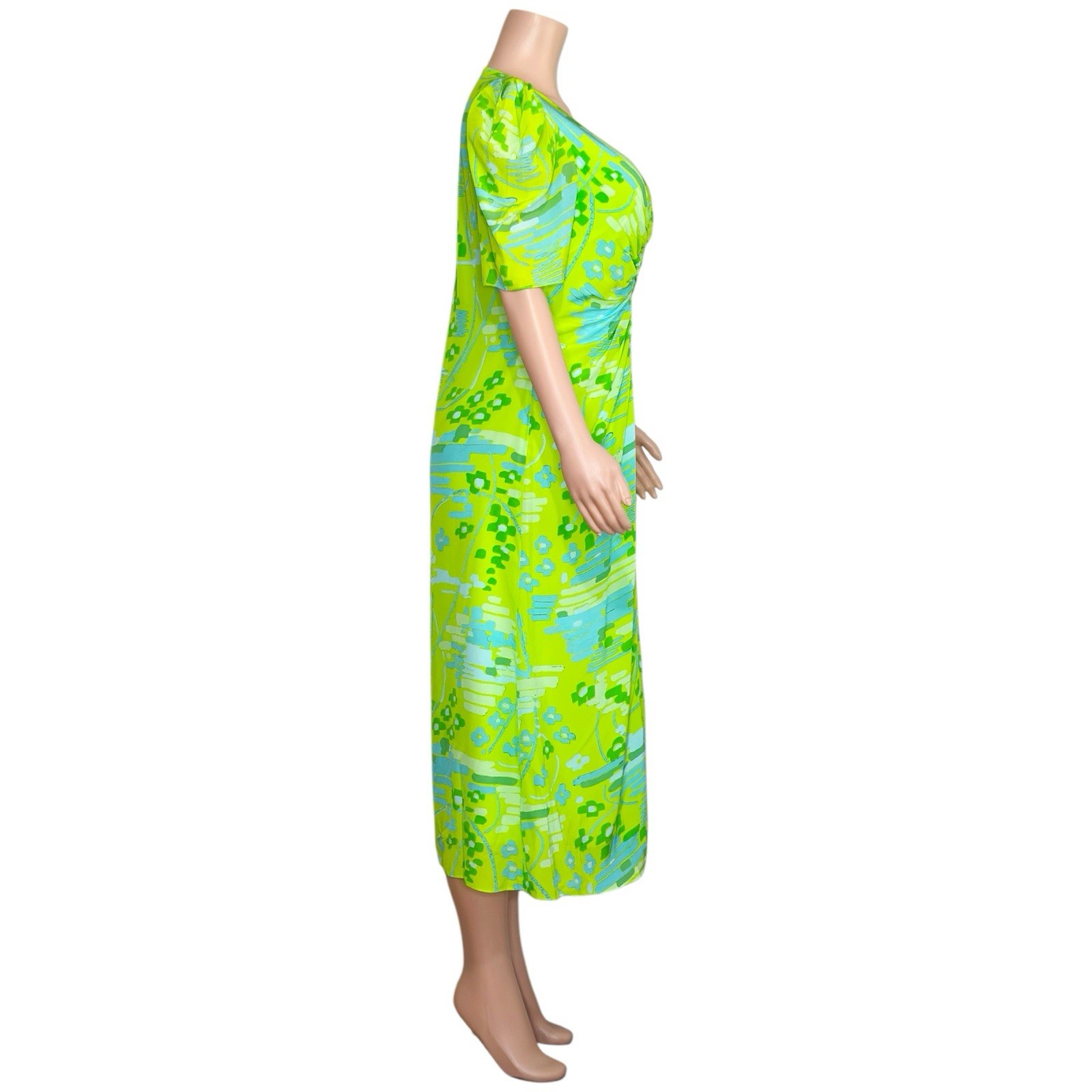 $450 NWT RHODE Maci Geometric Puff Sleeve Midi Dress, Electric Eden, 8 (US)
