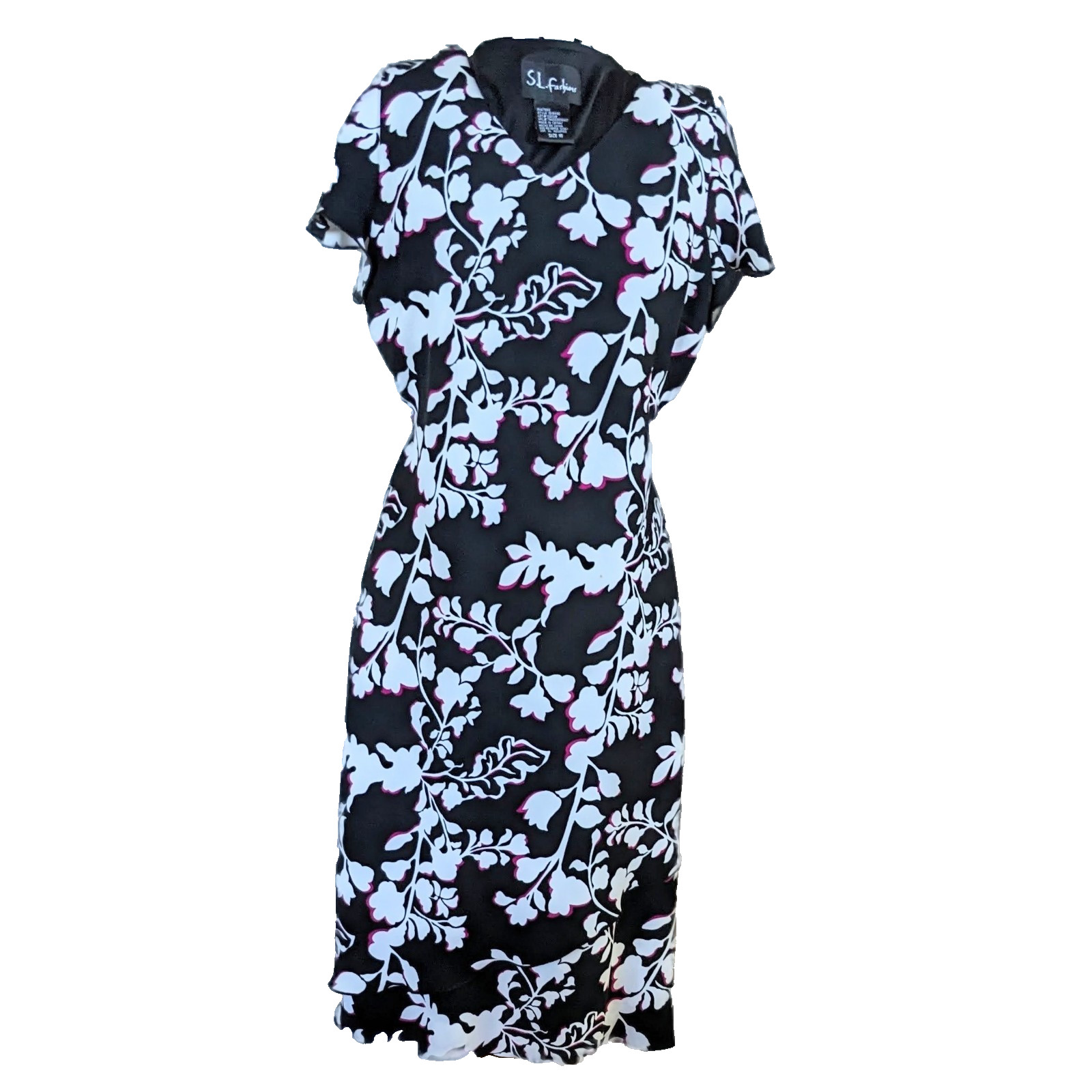 S.L. Fashions Floral Sheath Dress Size 16 Black Pink White Scalloped Hem Career