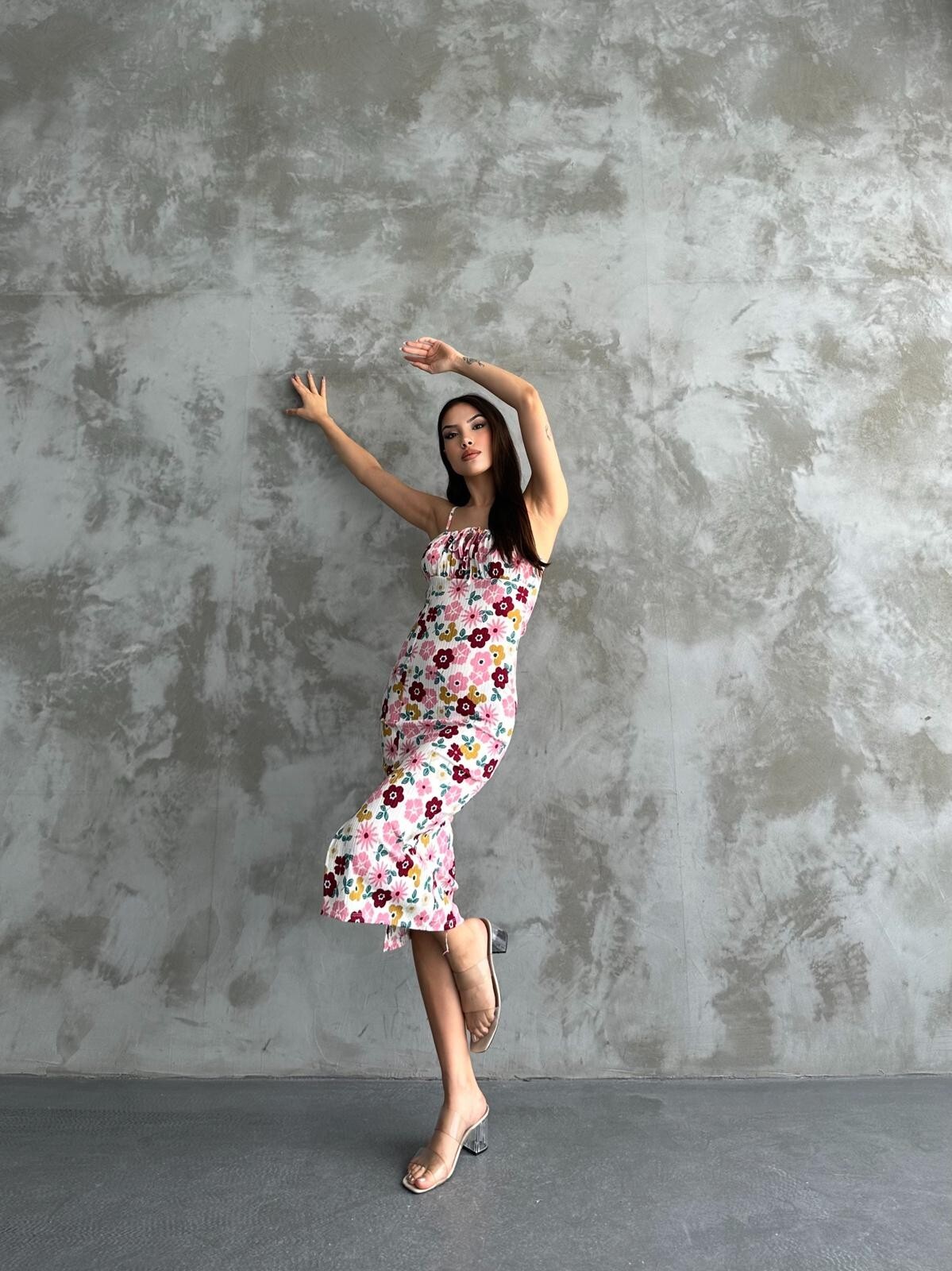 Mixed Patterned Pink Wafer Chest Tie Strap Dress