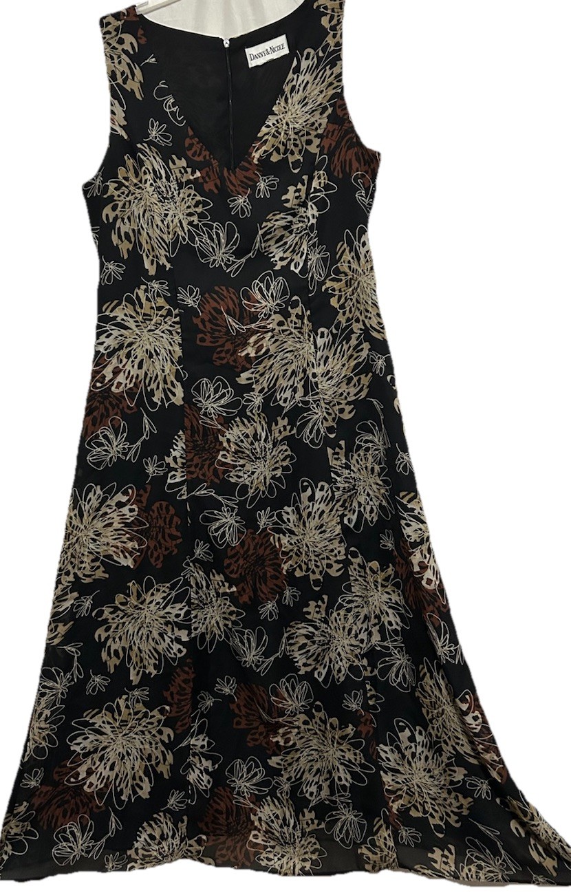 Danny and Nicole Dress M Black Brown Beige Silky Boho Lined Floral Midi Sundress