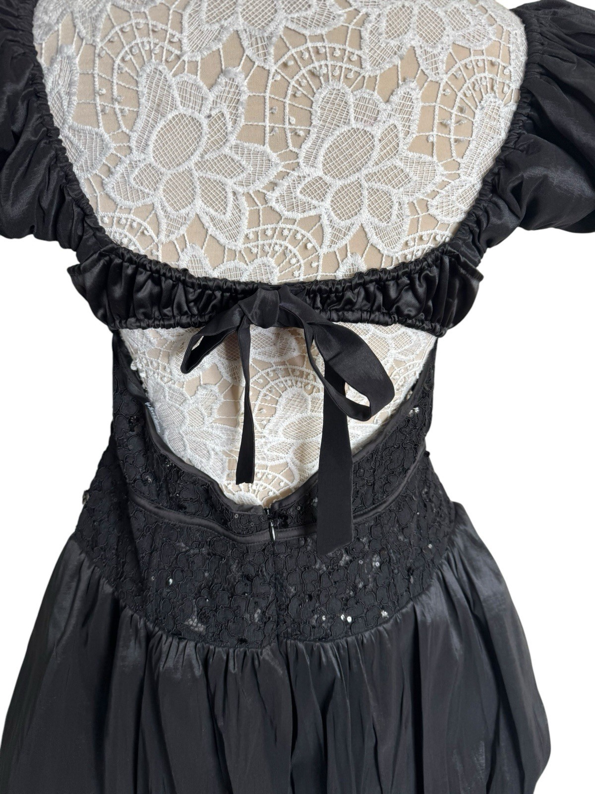 NWT For Love & Lemons Mckenna Mini Bubble Hem Lace Bustier Dress Black X-Large