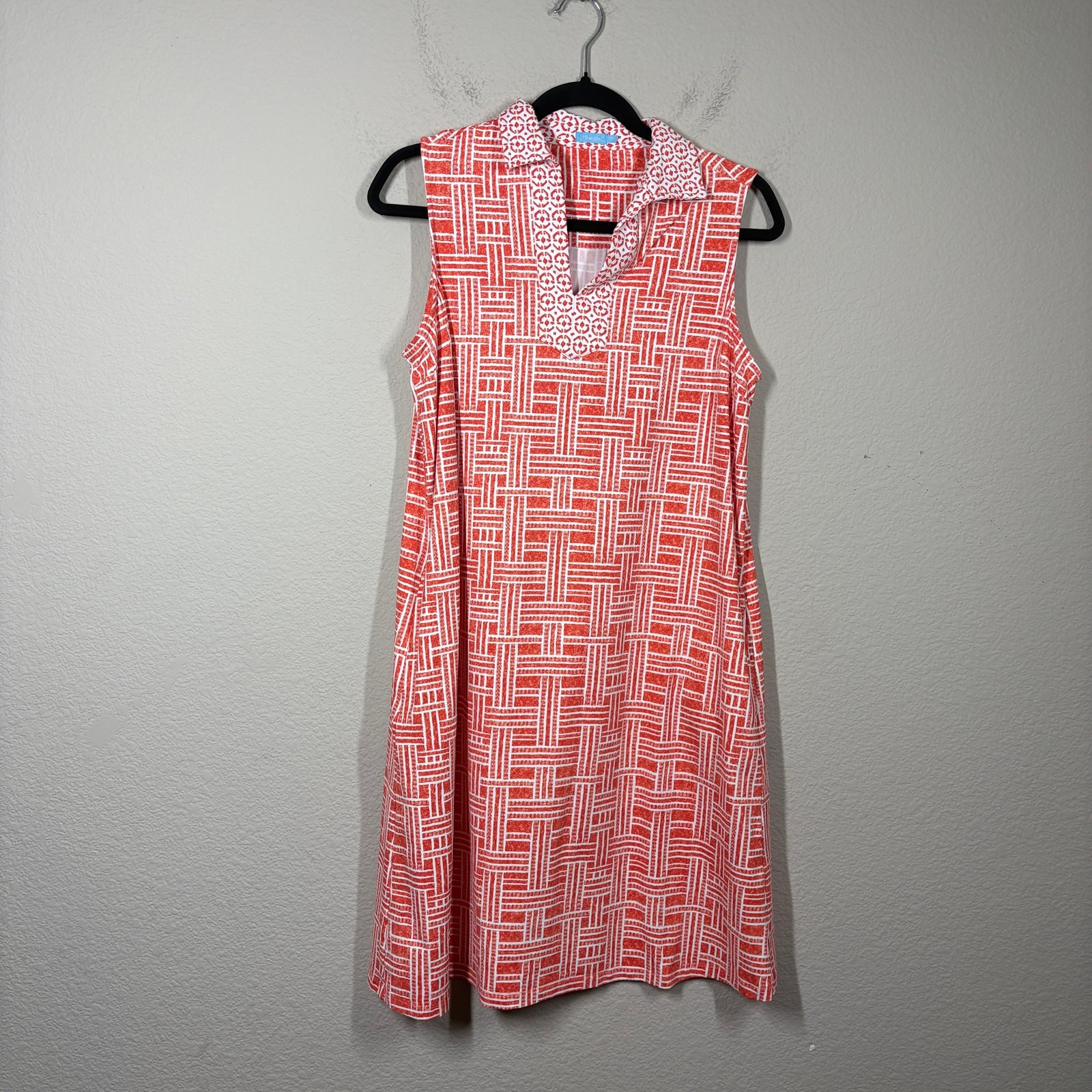 J McLaughlin Size Medium Catalina Shirt Mini Dress Orange Coral Geo Nylon Blend