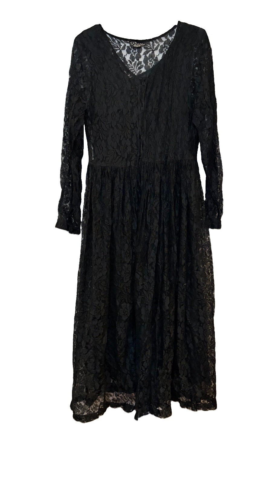 Vtg 90s Black Lace Romantic Button Front Long Sleeve Midi Dress Goth Whimsigoth