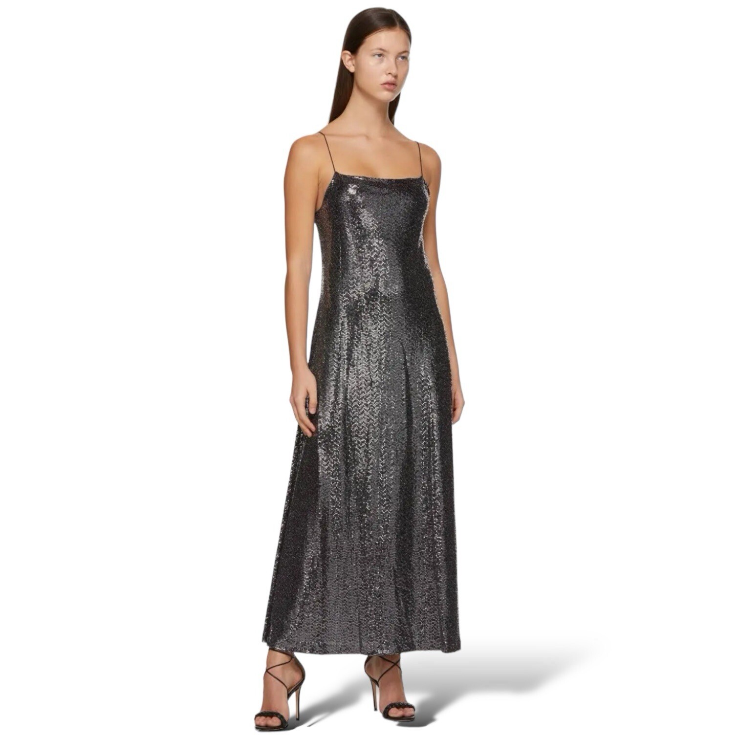 Rosetta Getty Women’s Paillette Silver Maxi Slip Dress Metallic Sequin Medium