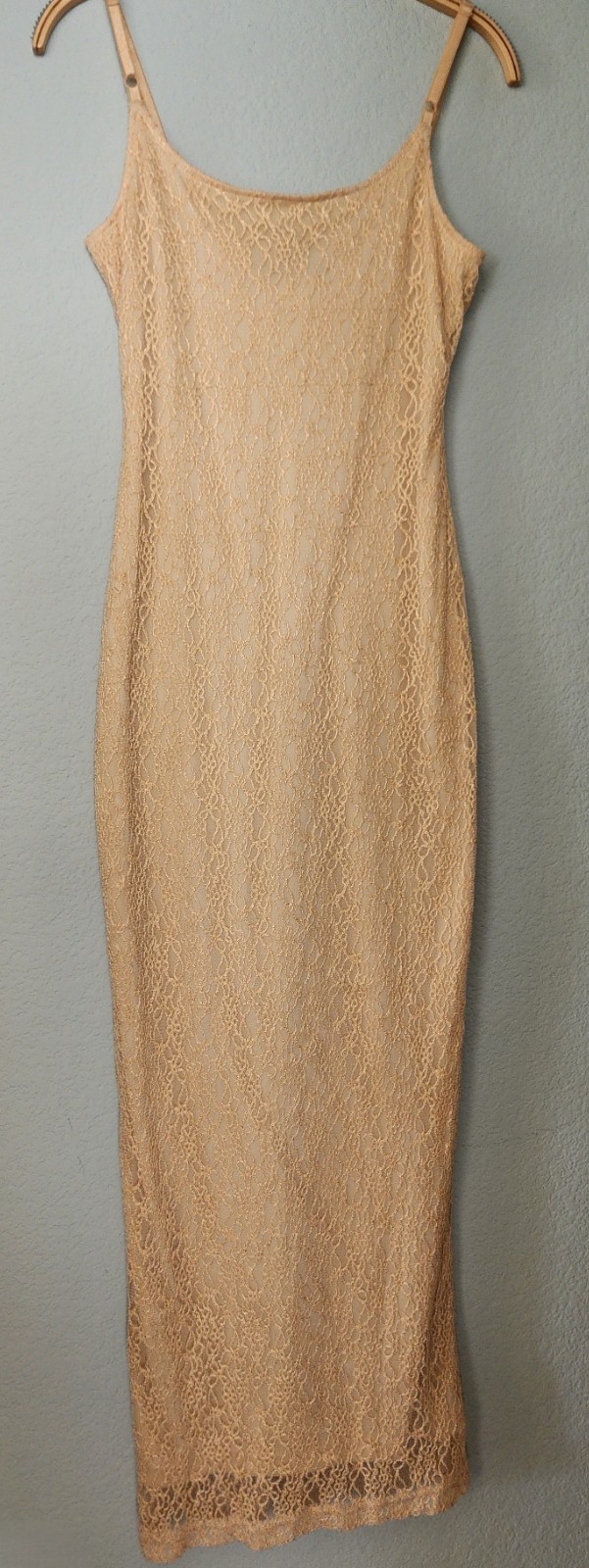 All That Jazz Pale Yellow Gold Tan Lace Maxi Dress Stretch Formal Adj Straps MED