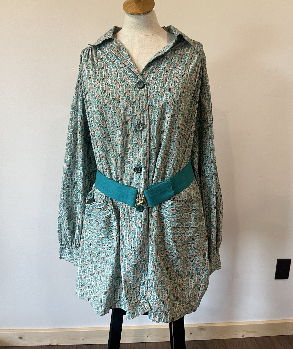 Gerson Kaufman Paisley Shirt Dress Green White Red Cotton Belted Button XL