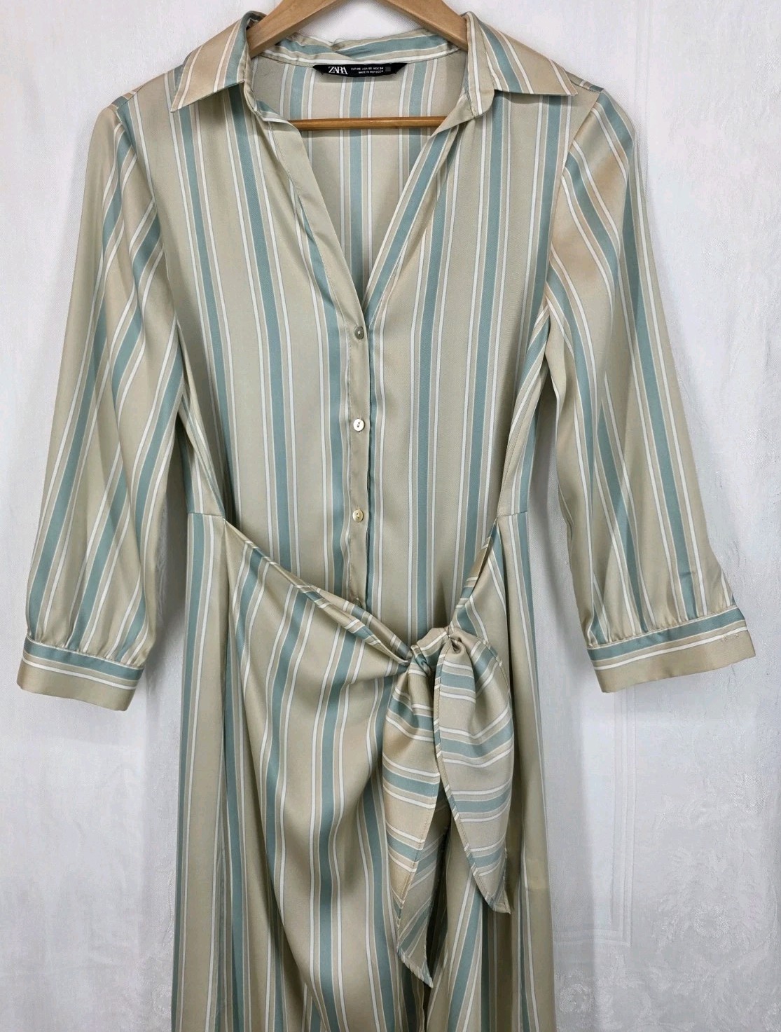 Women’s Zara Satin Shirt Dress Wrap Around Waist Tie High Low Hem Size XS