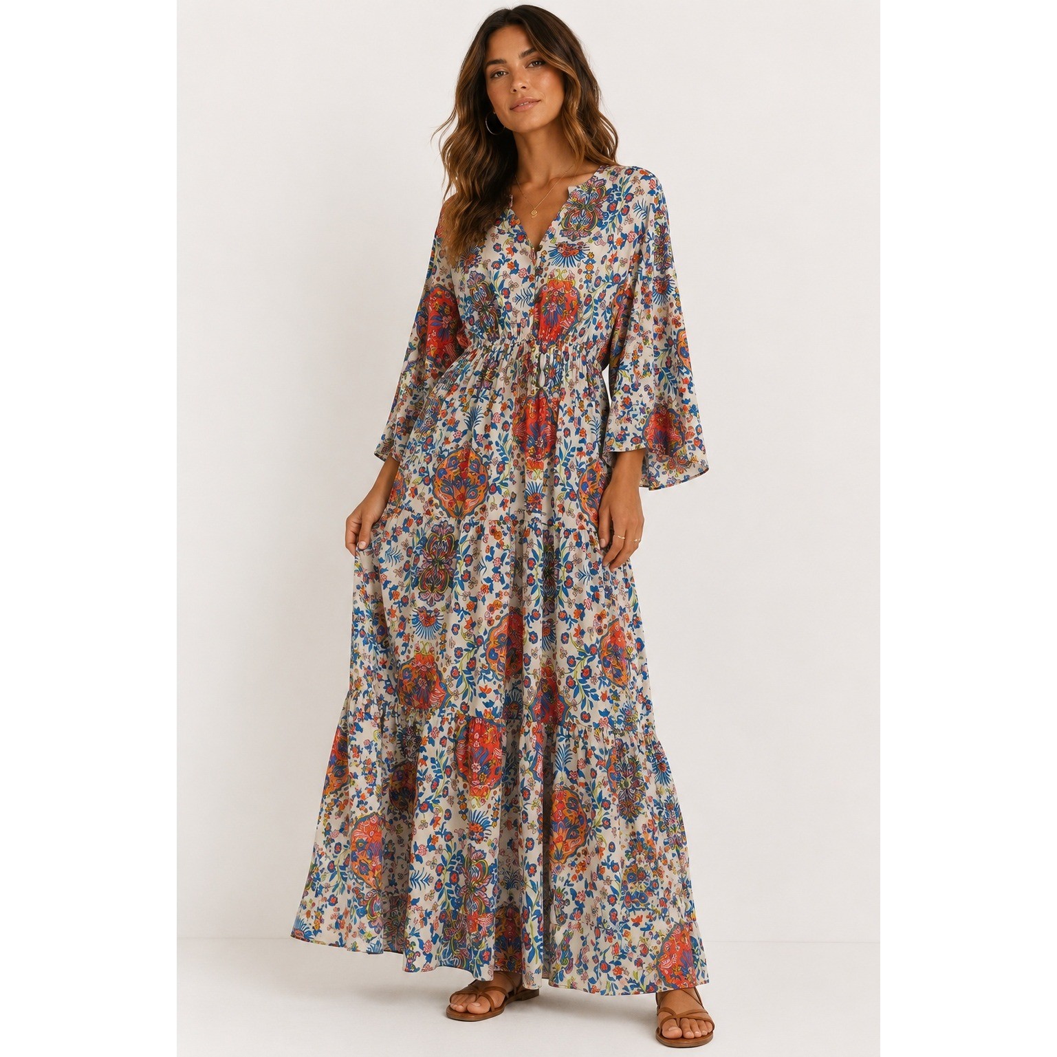 Boemo Maxi Dress M Multicolor Floral Paisley Tiered Bell Sleeve Boho Cottagecore