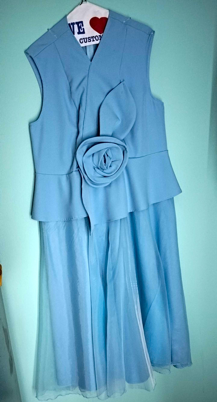 Women’s Blue Solid V-Neck Sleeveless Long Ball Gown Dress Ruffle Bow Size L/XL