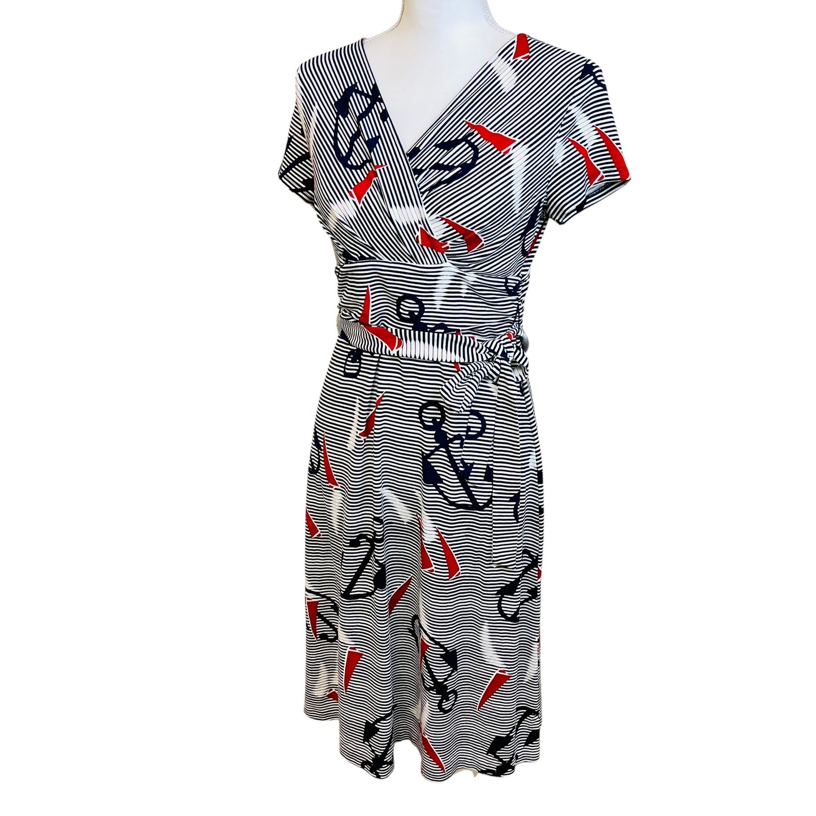 TALBOTS Striped Nautical Anchor Dress S P Fisherman Nautical Coastal Preppy