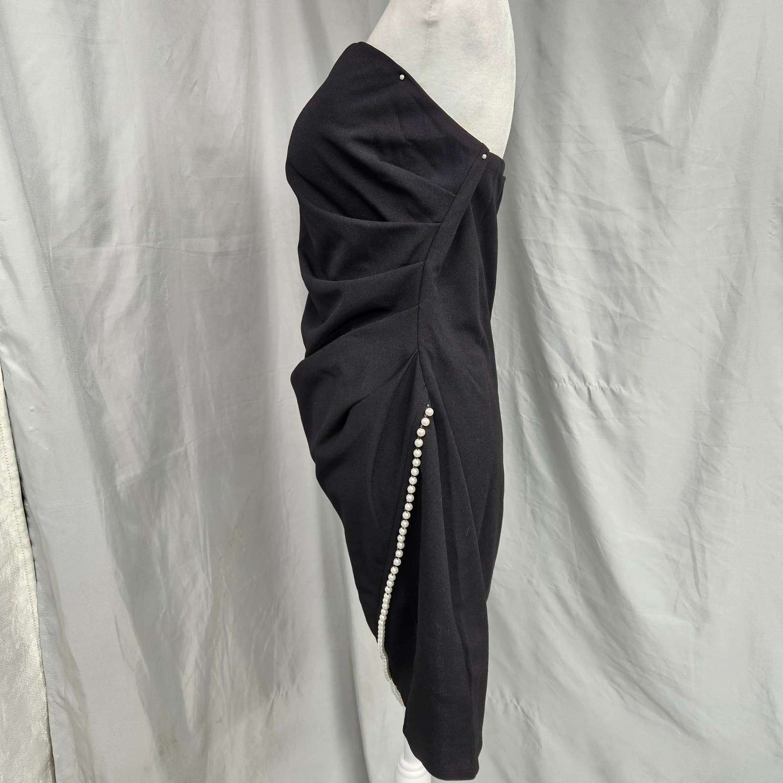 Invitée Womens XL Black Strapless Pearl Trim Draped Asymmetrical Cocktail Dress