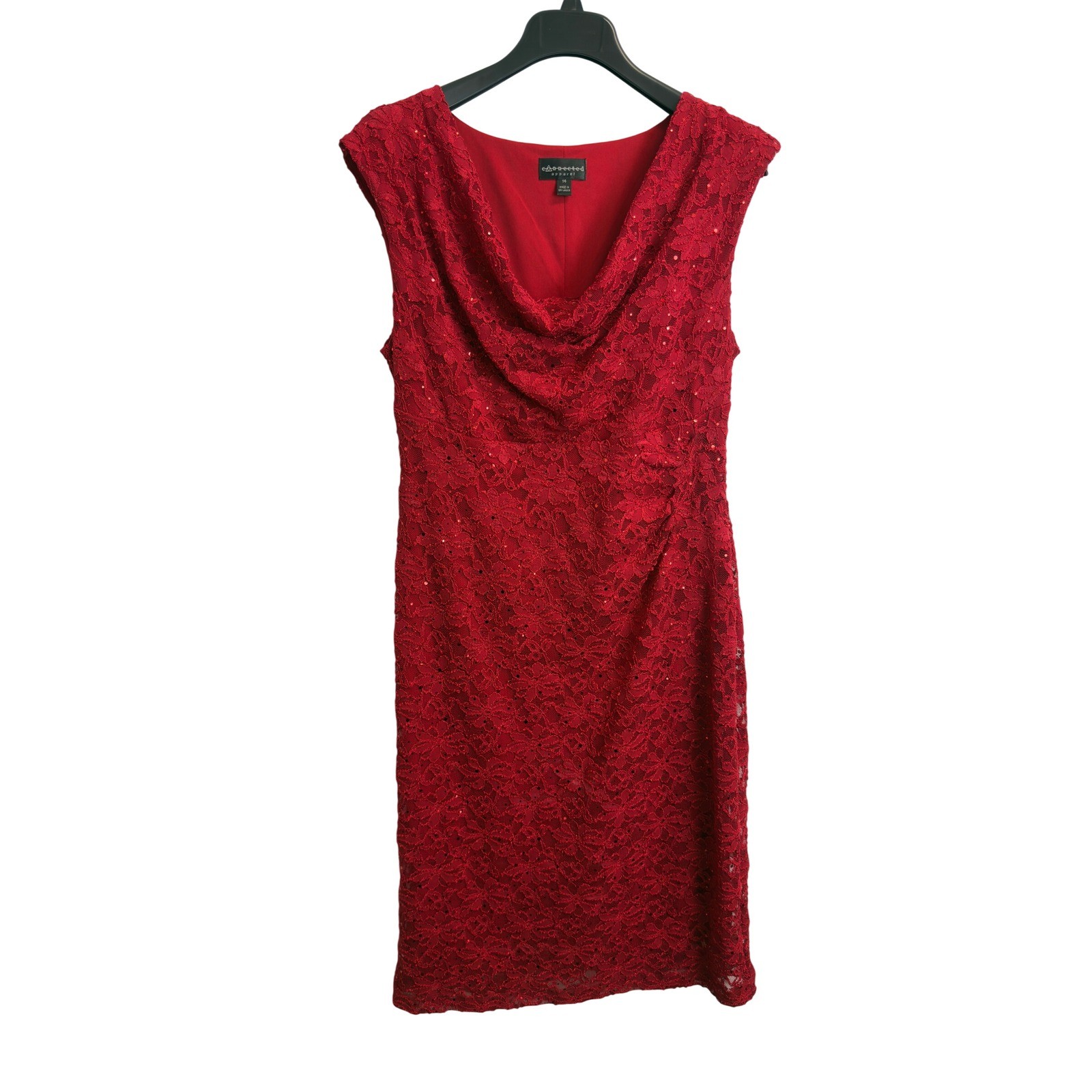Connected Apparel Red Lace Sequin Cowl Neck Ruched Sheath Dress Womens 14