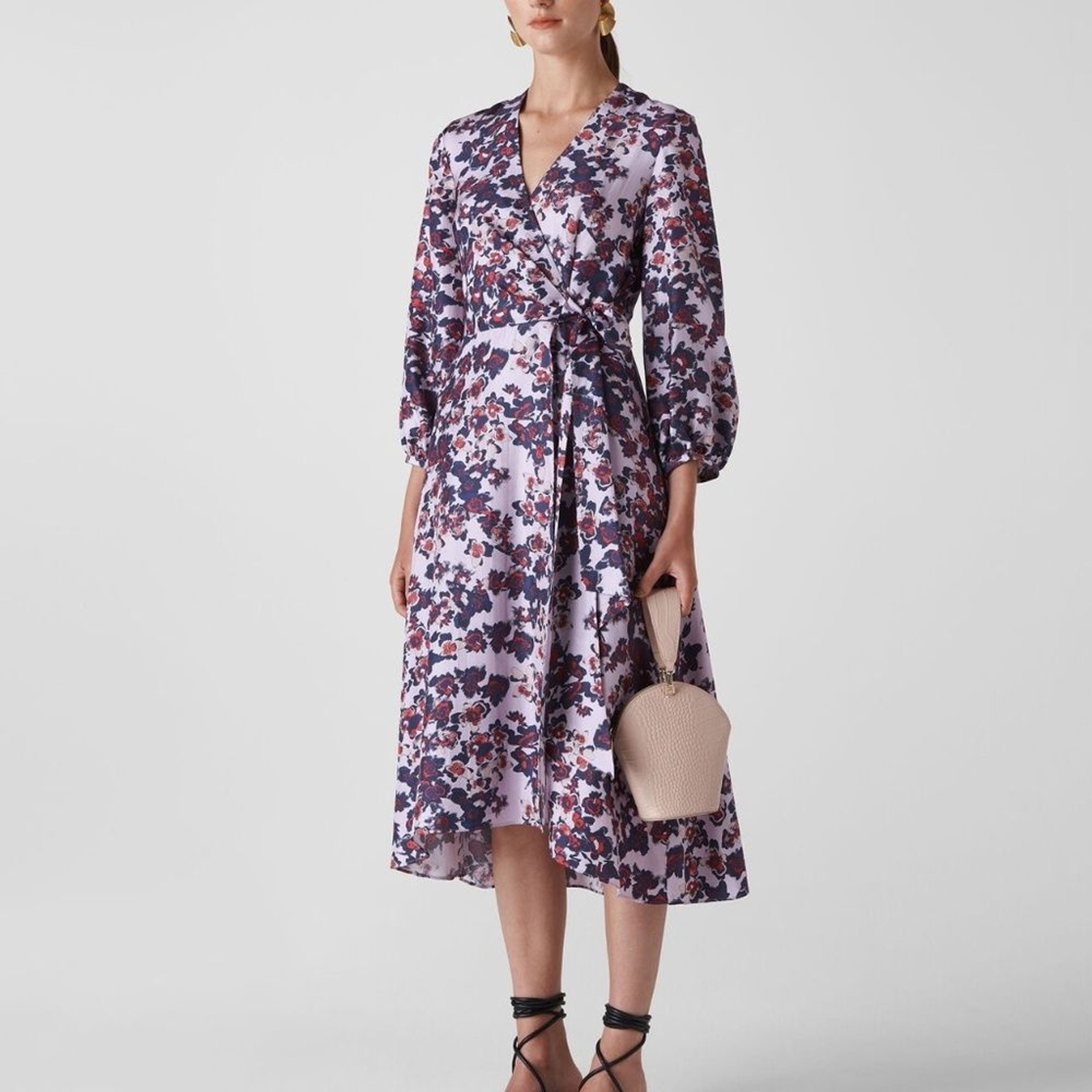 Whistles Silk Floral Print Midi Wrap V-Neck Dress 8 Purple Red Bracelet Sleeve