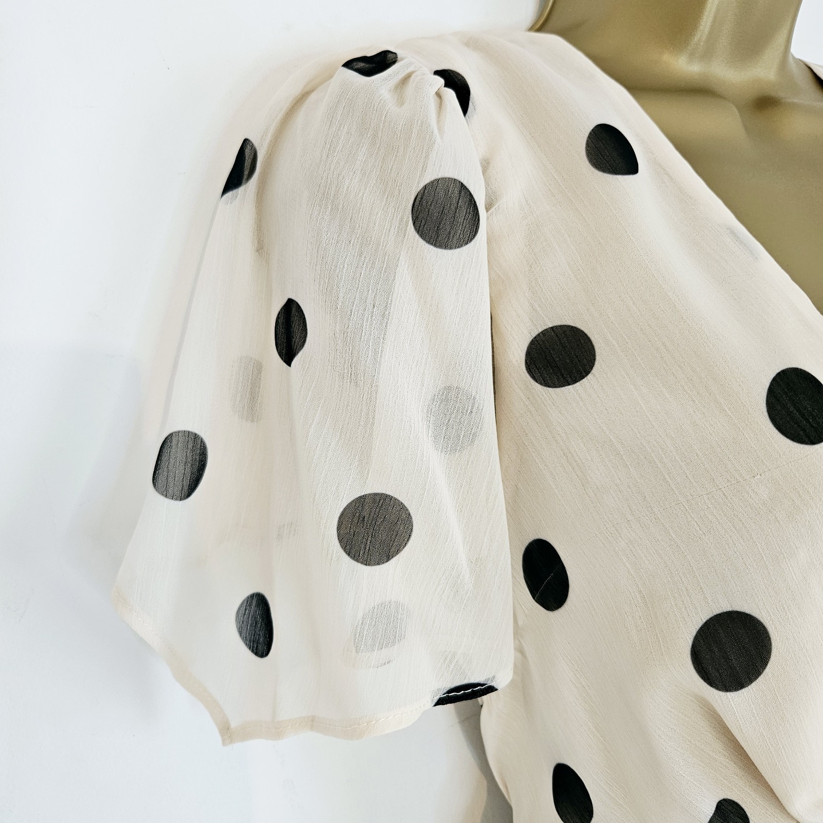 NEW ROMAN 12-24 Polka Dot Spotted Chiffon Beige Black Asymmetric Midi Tea Dress