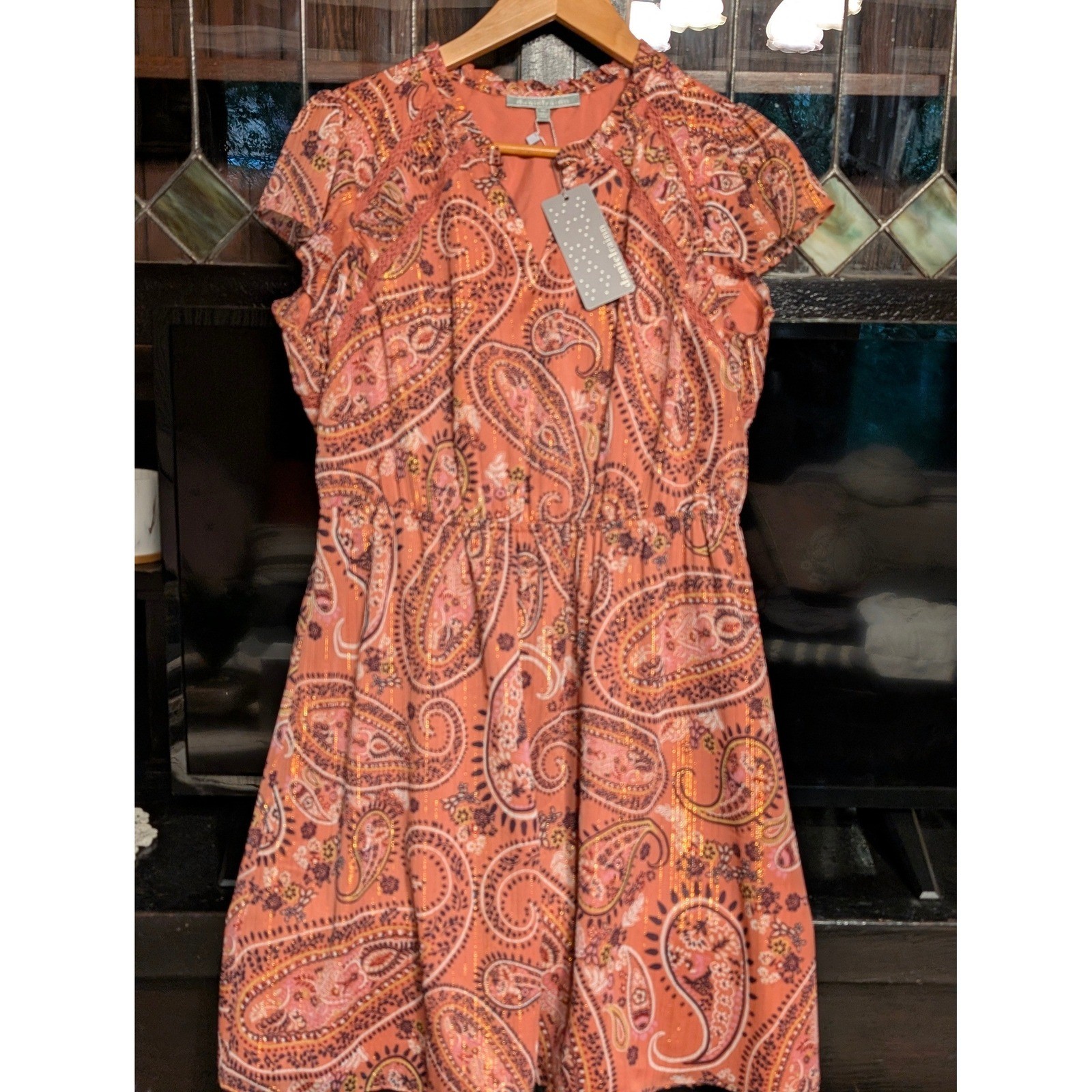 NWT Daniel Rainn Coral Paisley Metallic Lurex Flutter Sleeve Mini Dress P Medium