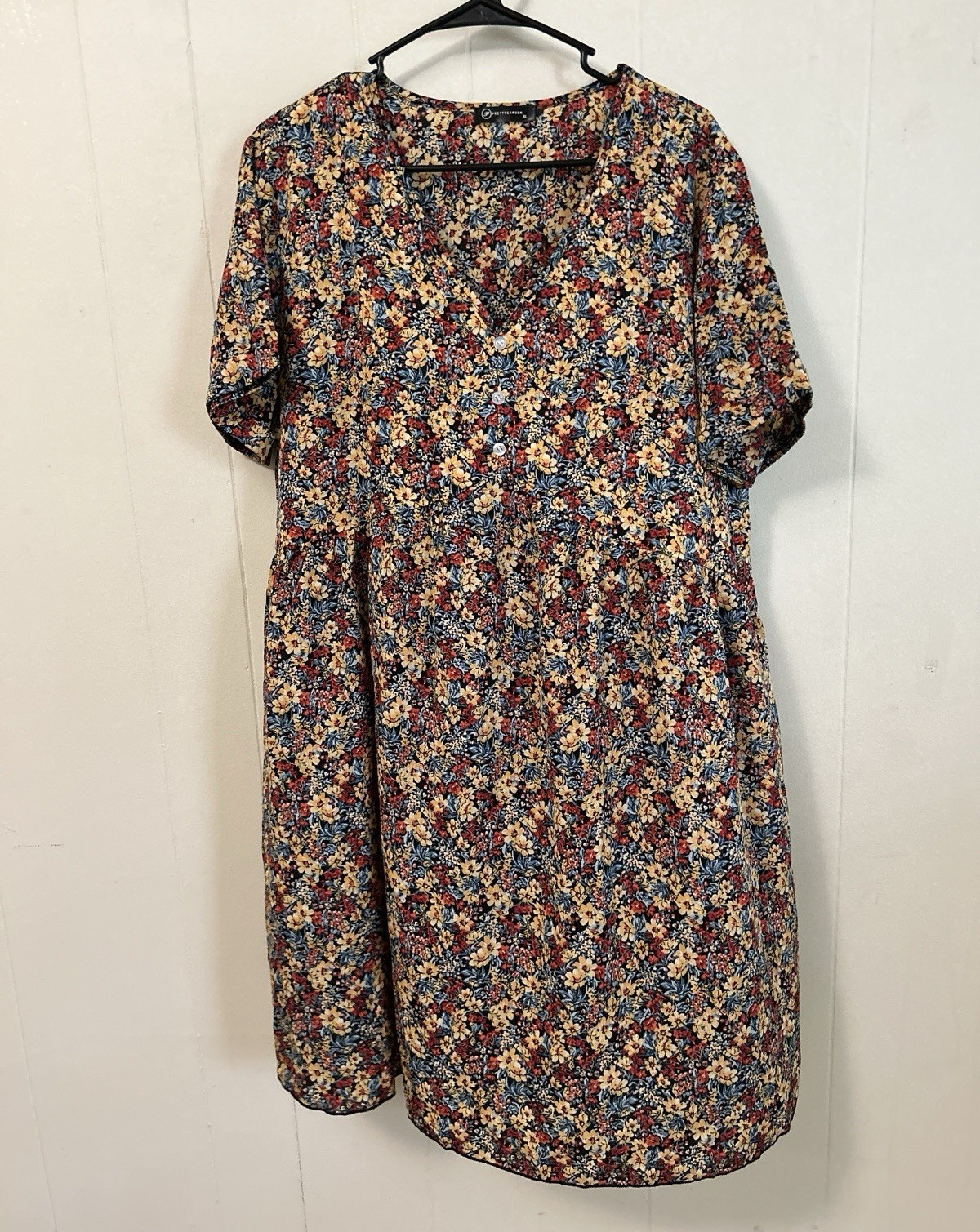 PRETTYGARDEN Womens XL Multicolor Floral Shift Dress V-Neck Button Front Knee