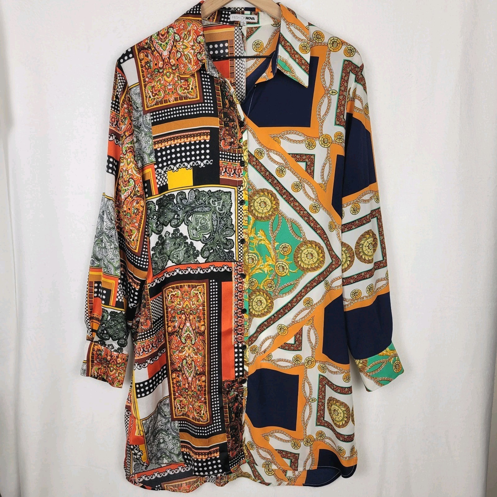 Fashion Nova Hold My Calls Shirt Mini Dress Orange Patchwork Baroque Print L