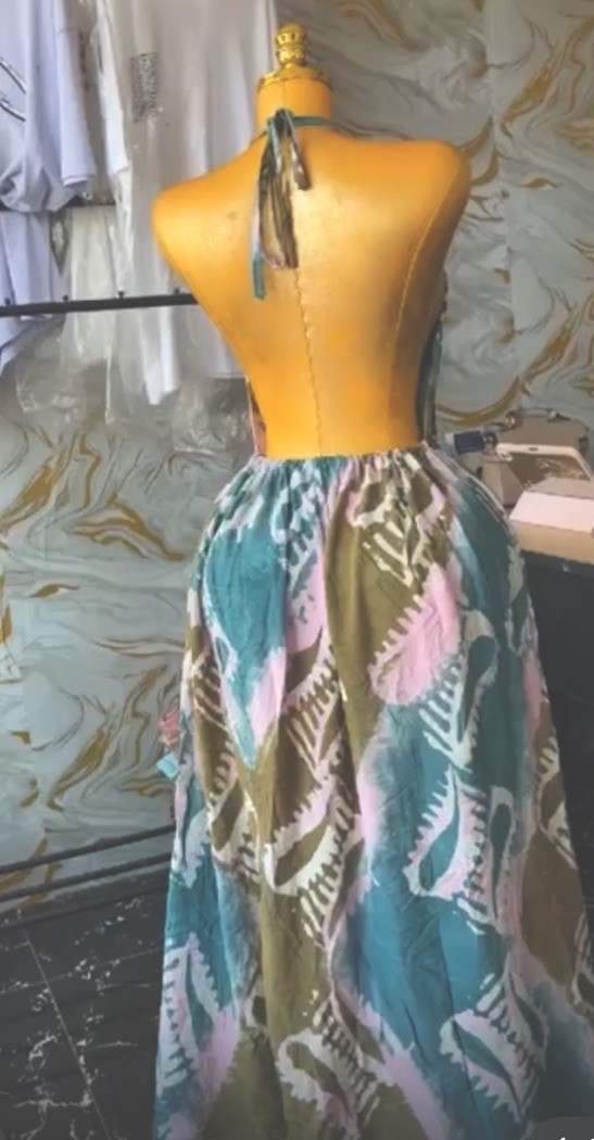 Women’s One Size Abstract Halter Backless Tie Maxi Dress Teal Pink Olive White