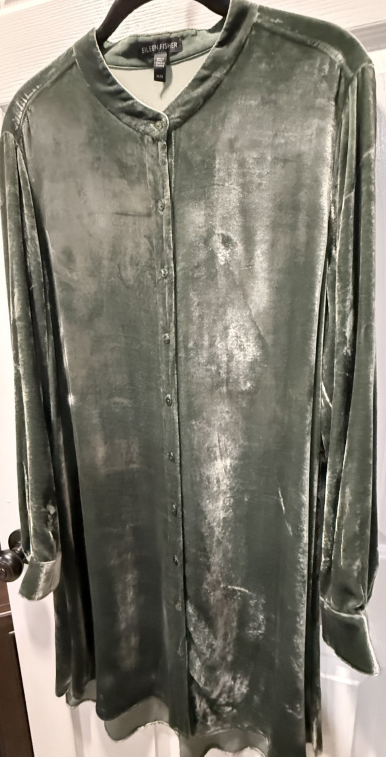 Eileen Fisher Green Velvet Mandarin Collar Shirt Dress Silk Rayon, Size MED