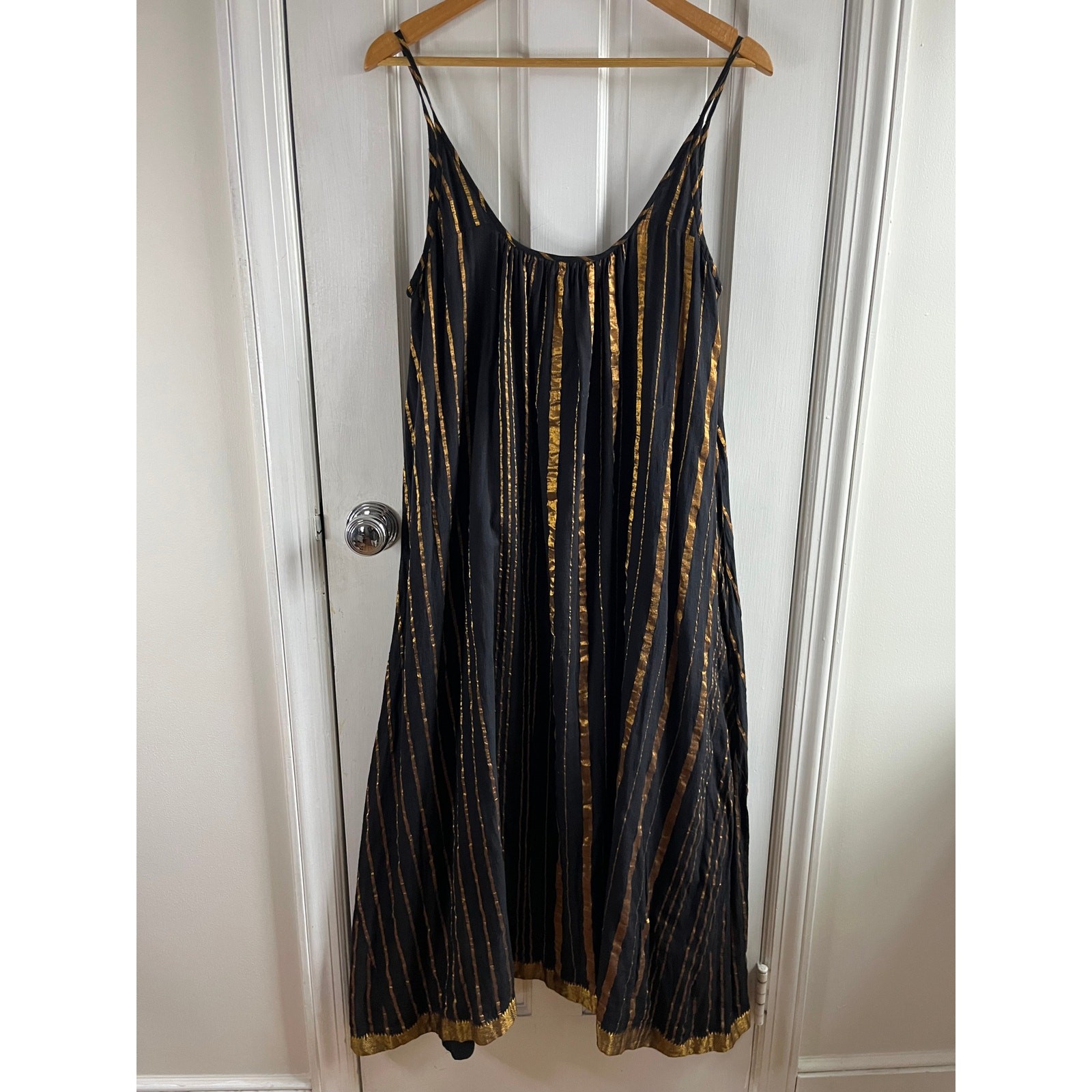 Aish Sultan Black & Gold Striped Slip Dress Maxi One Size OS Boho Luxury