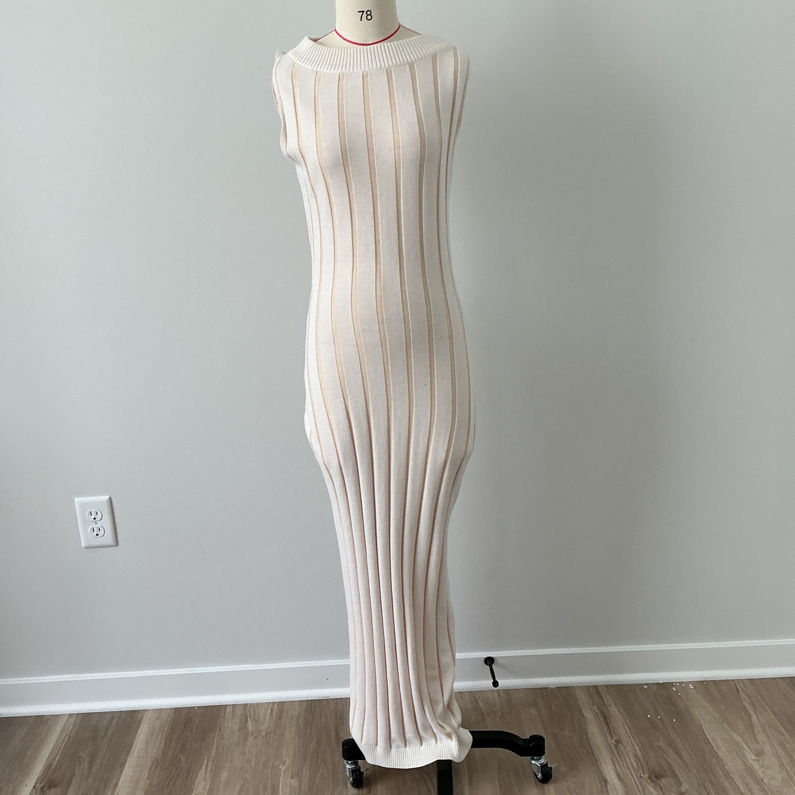 SANCIA Beige/White Striped Ribbed Knit Crew Neck Maxi Dress Size XS