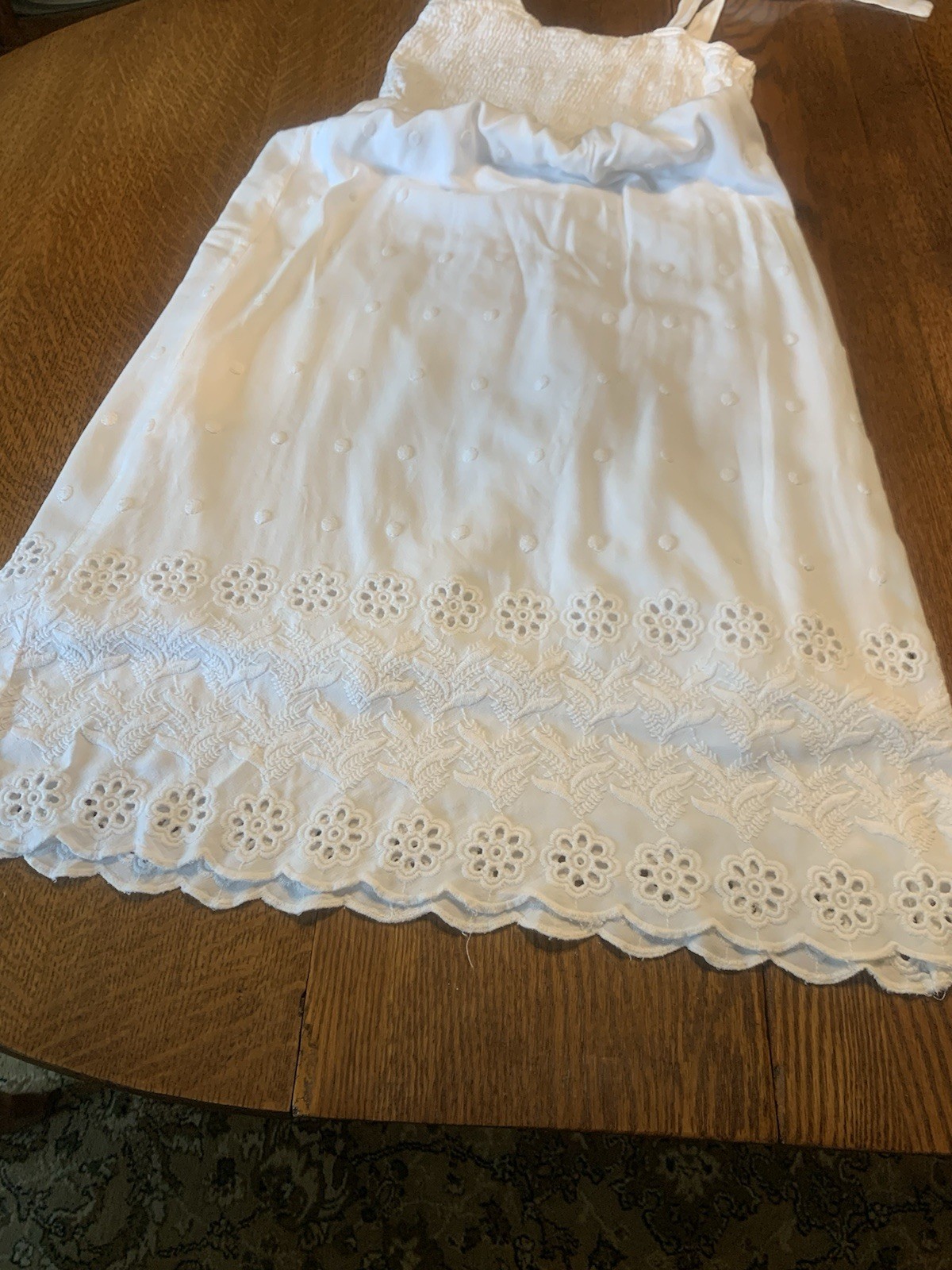 White summer long cotton eyelet dress tie sleeveless scalloped design edge Sm