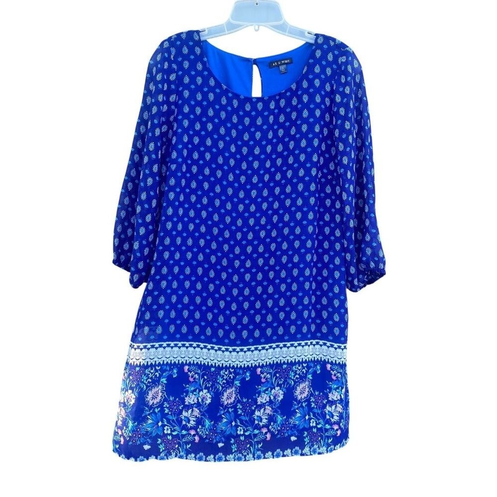 As U Wish Womens Blue Printed Shift Dress Size L Floral Hemline Long Sleeve