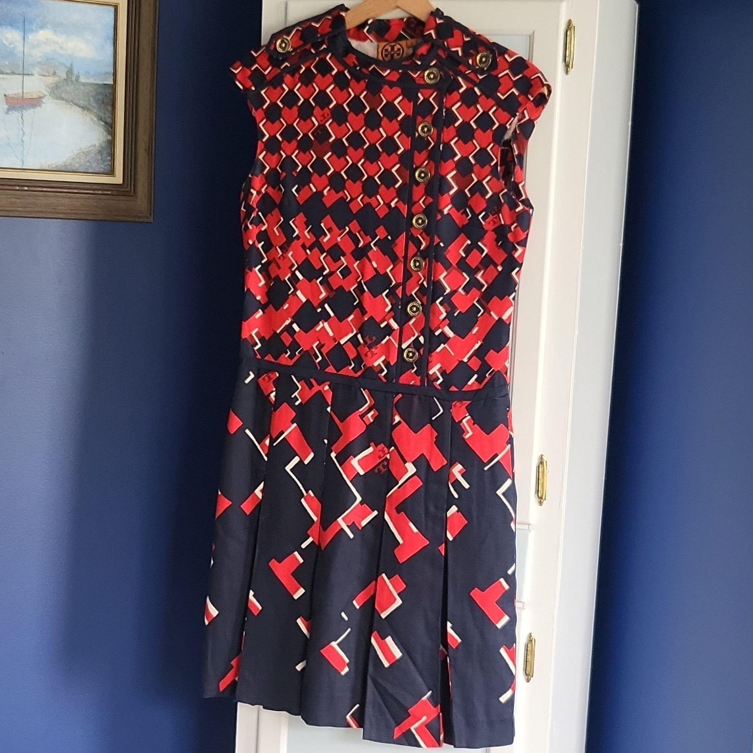 Tory Burch Silk Truman Dress Red/Navy Geometric Sleeveless Sz 2