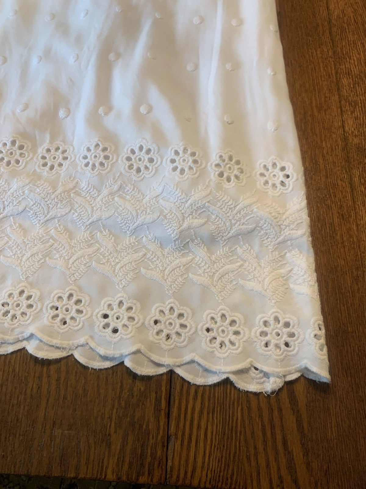 White summer long cotton eyelet dress tie sleeveless scalloped design edge Sm