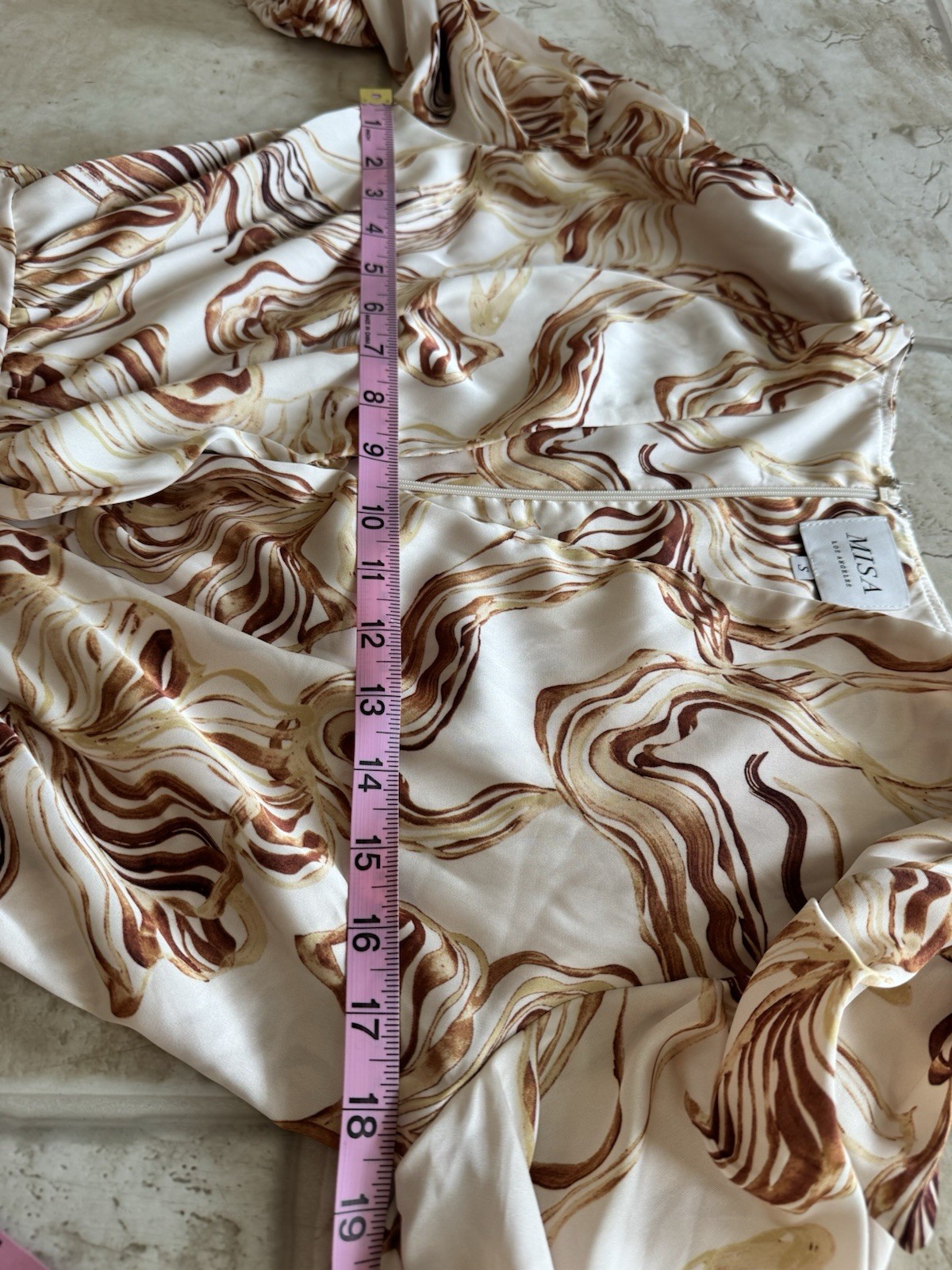 Misa Los Angeles Cream and Brown Marble Satin Mini Dress Women’s Small