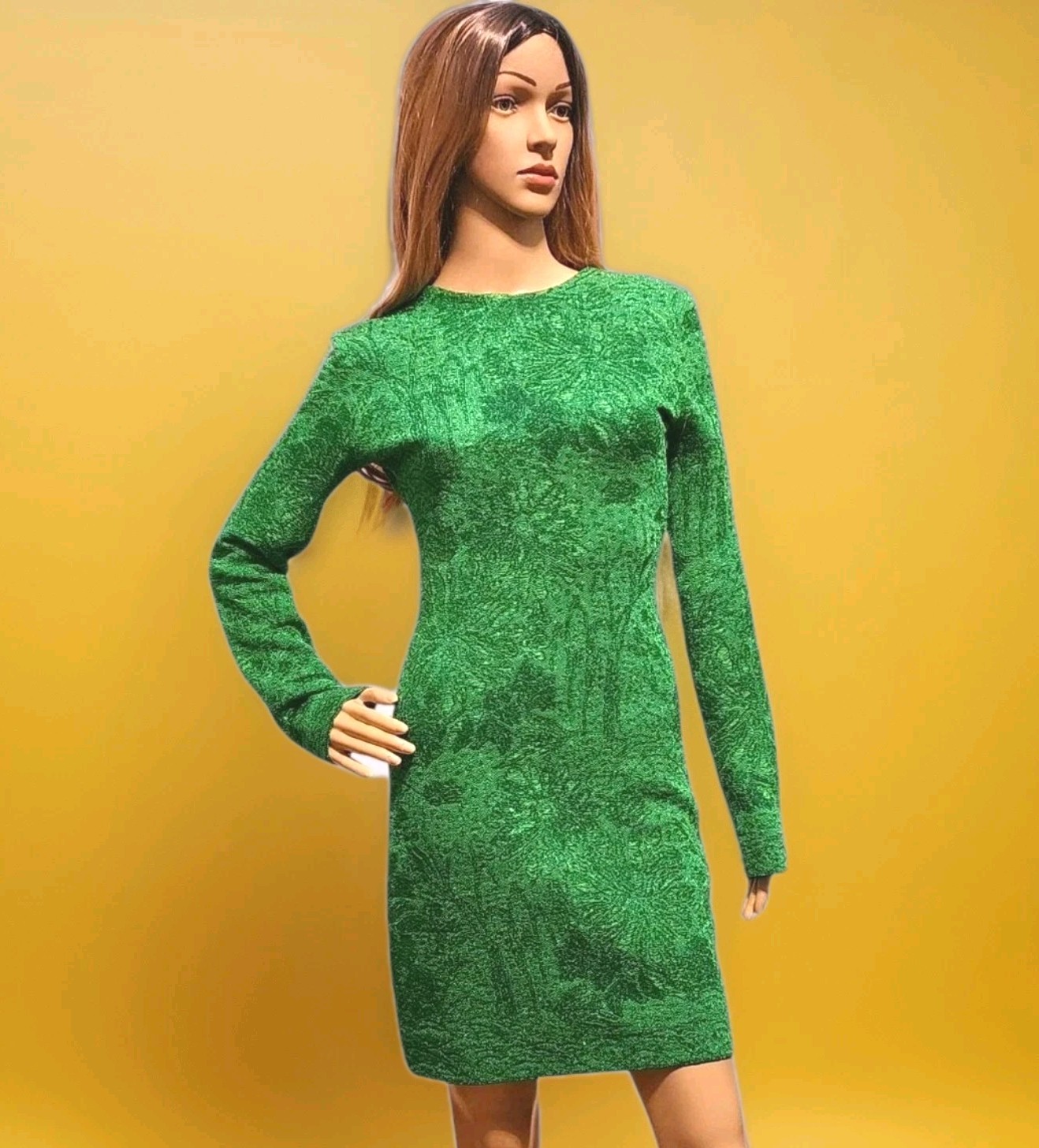 Givenchy Dress Mini Green Jacquard Lurex Open-Back Long-Sleeve 2010s New Read!