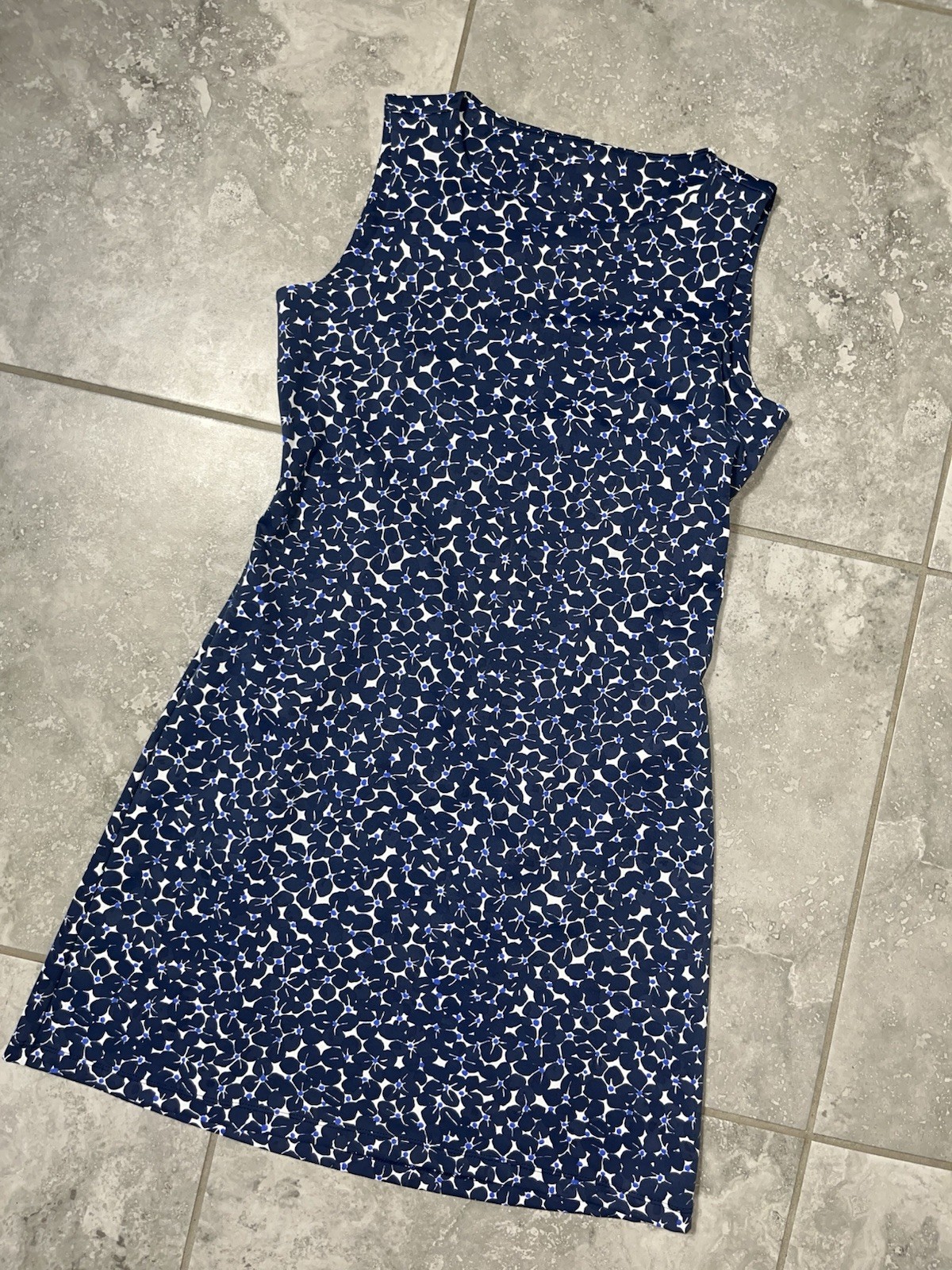 MAHI GOLD Sleeveless Blue Floral Stretch Nylon Jersey Mini Sheath Shift Dress S