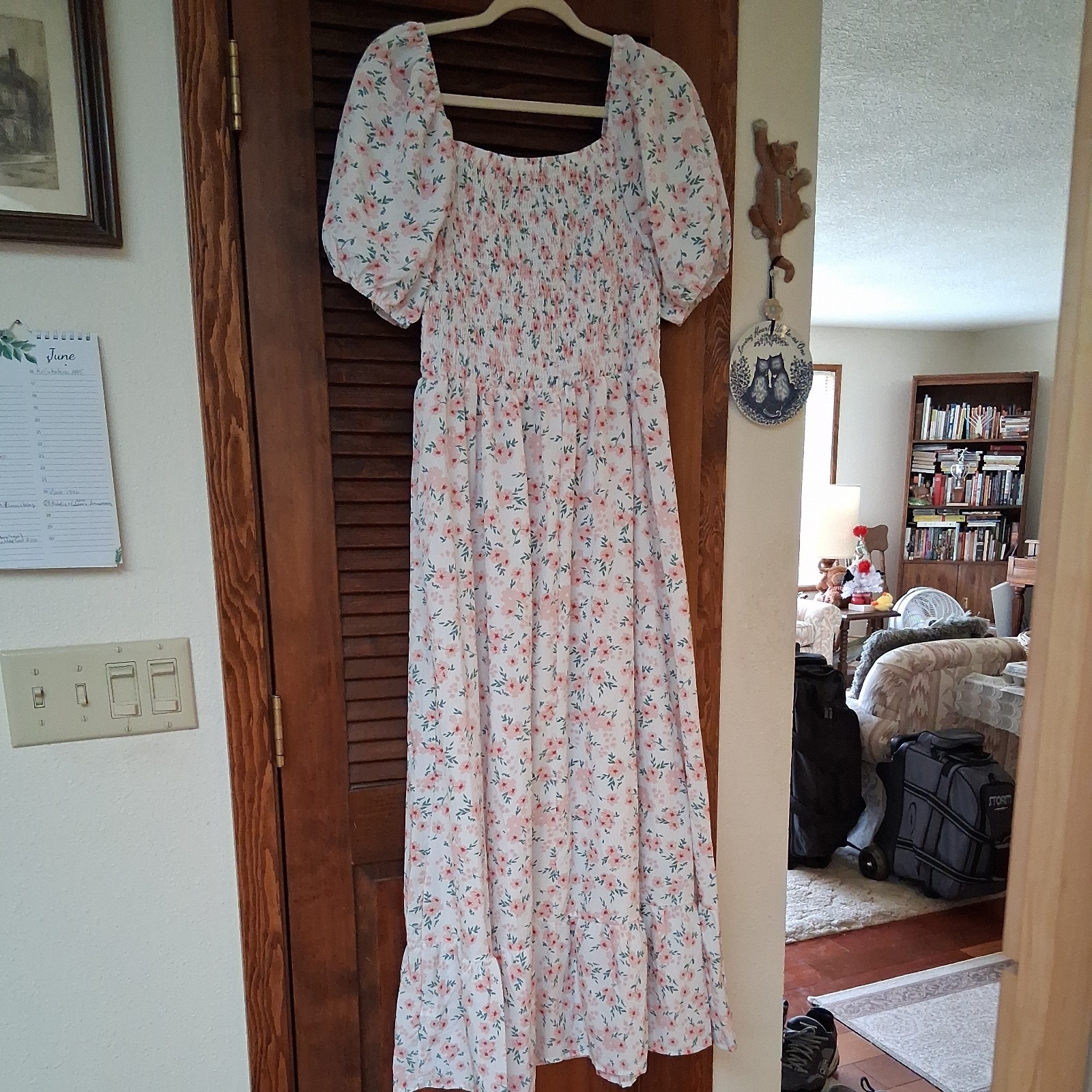 Floral Smocked Maxi Dress Pink White Puff Sleeve Tiered Ruffle 2XL Cottagecore