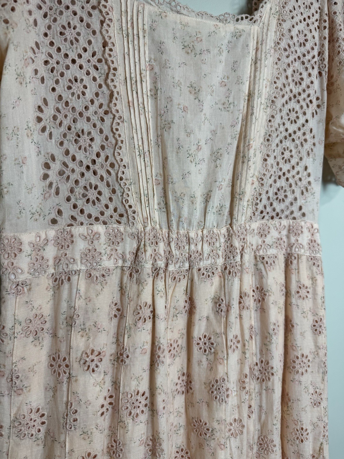 LoveShackFancy Helena Pink Eyelet Floral Square Neck Puff Sleeve Maxi Dress SZ 8