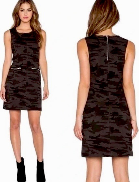 Sanctuary Dress S Camo Print Sleeveless Shift Small Zipper Pockets Stretch Knit