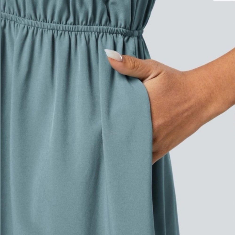 Halara V Neck Butterfly Sleeve Backless Pocket Ruffle Hem Midi Dress, XL, NWT