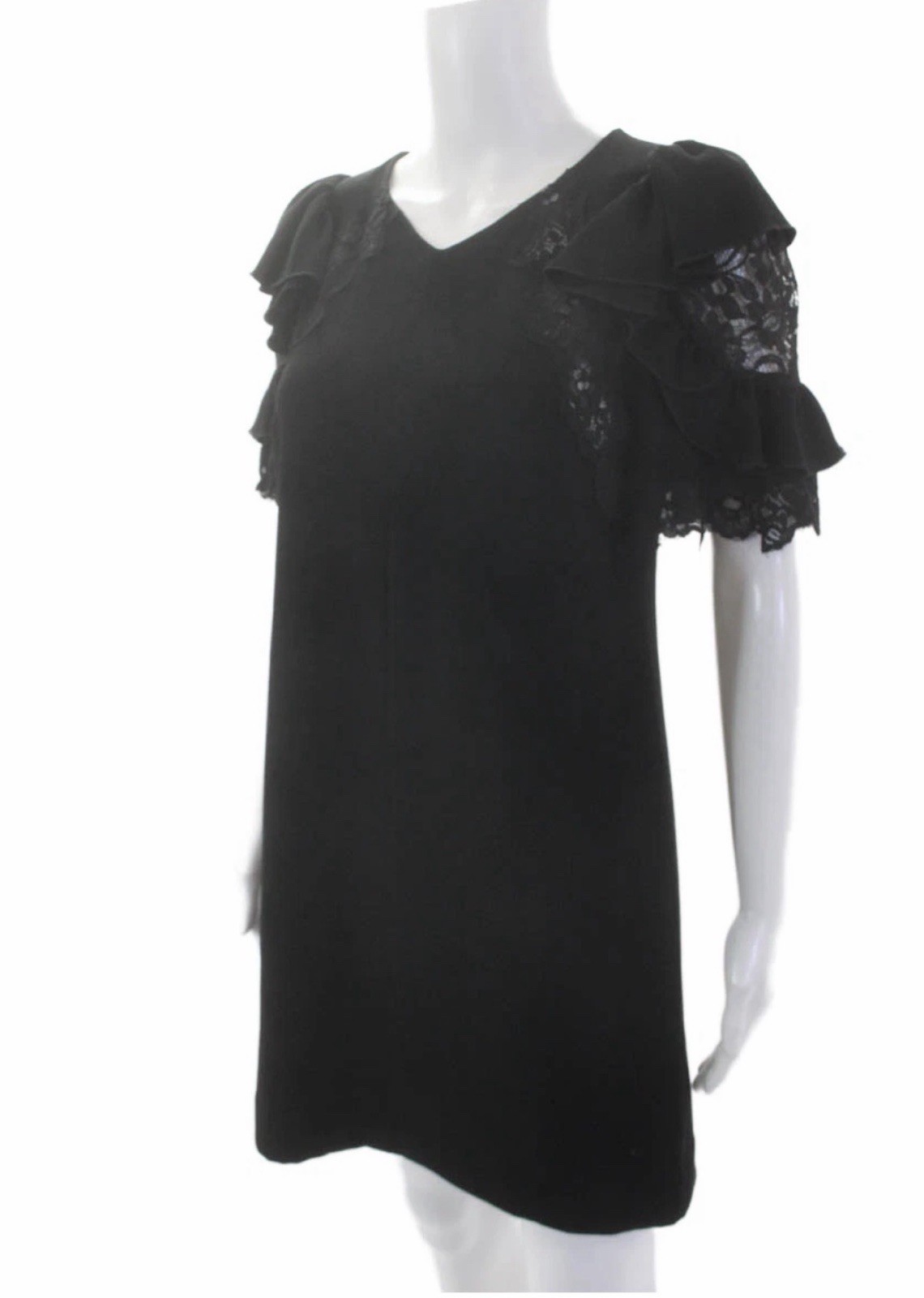 Rebecca Taylor Black Ruffle Sleeve Lace Trim Shift Dress Size 4 Elegant Modern