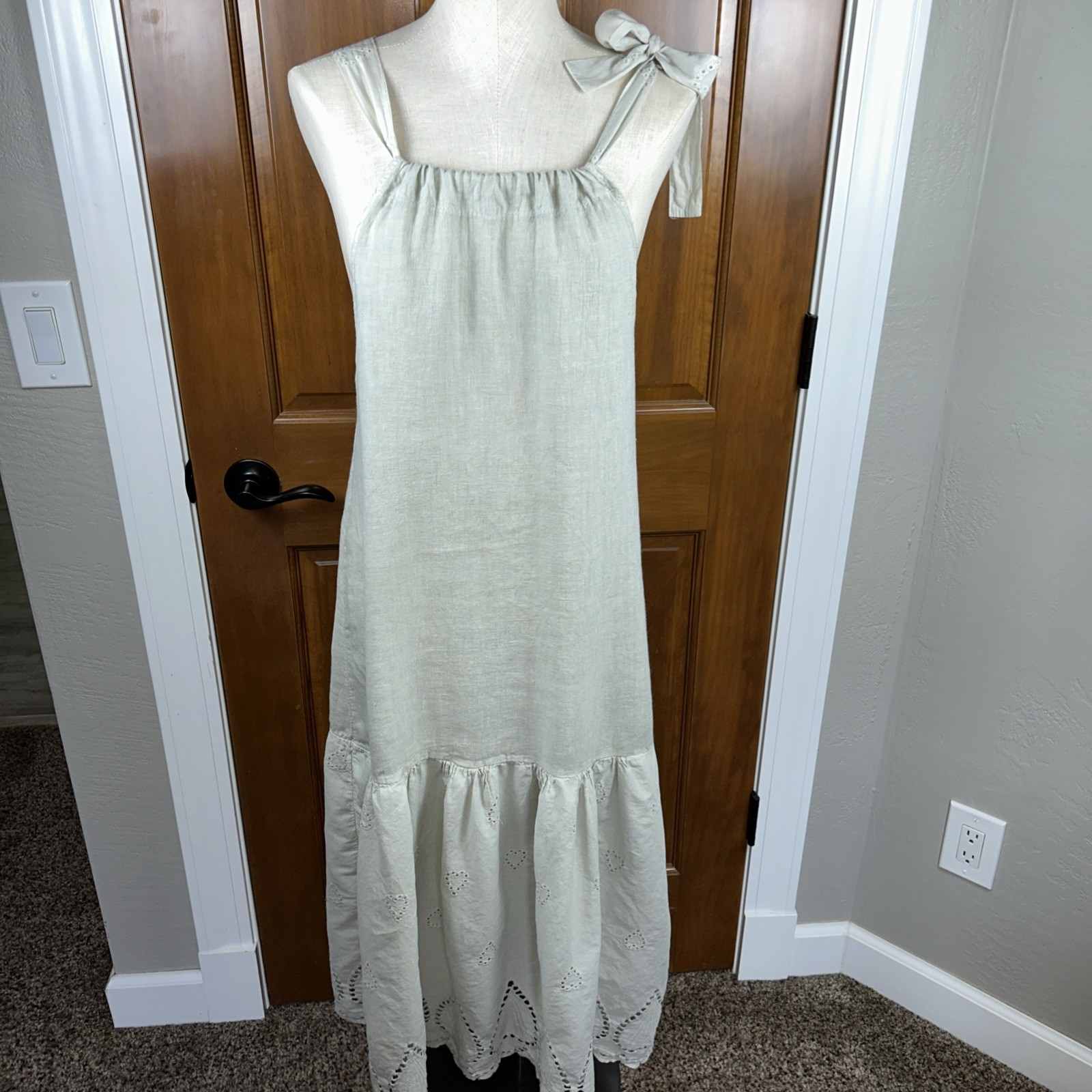 Valentina Naldi Sage 100% Linen Crochet Trim Tiered Relaxed Fit Midi Dress M