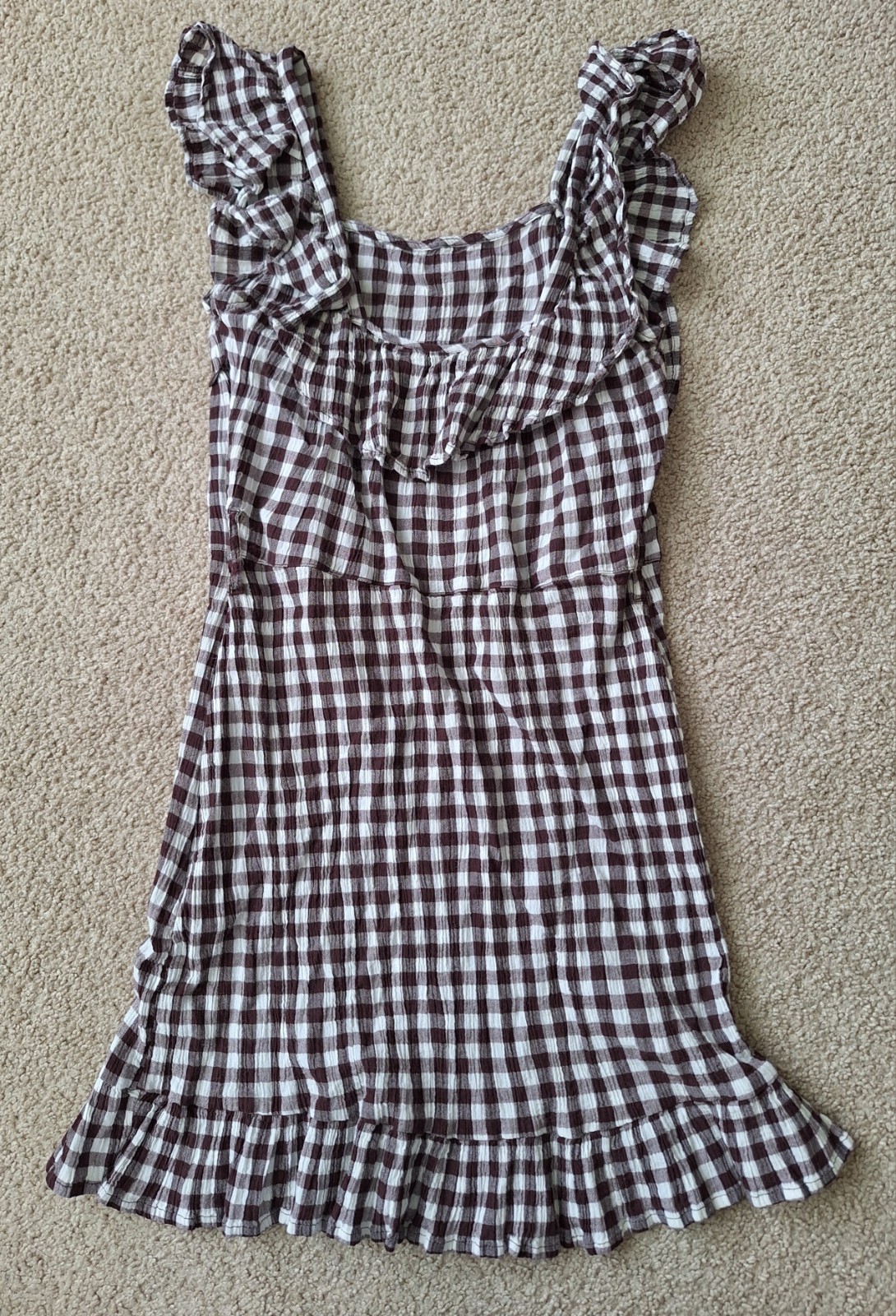 Topshop Brown Gingham Plaid Ruffled Apron Style Dress zipper in Side S US 4