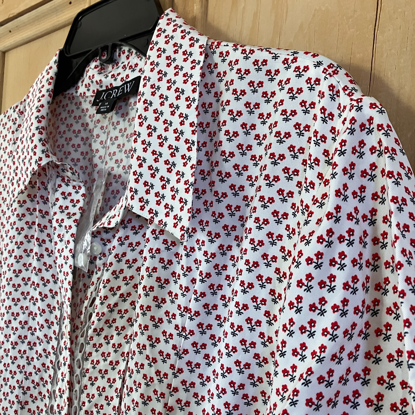 J.Crew Womens Wren Lace-Trim Glossy Twill Pockets Shirt Dress Size 14 Red SP NWT