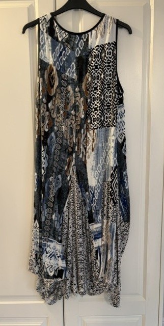 Orientique sleeveless blue / grey /black bubble shape Sun Dress Sz 14, Exc cond