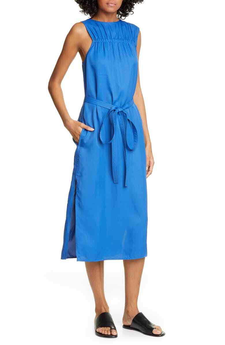 $630 Helmut Lang Women Blue Boat-Neck Sleeveless Swoven Midi Casual Dress Size 4