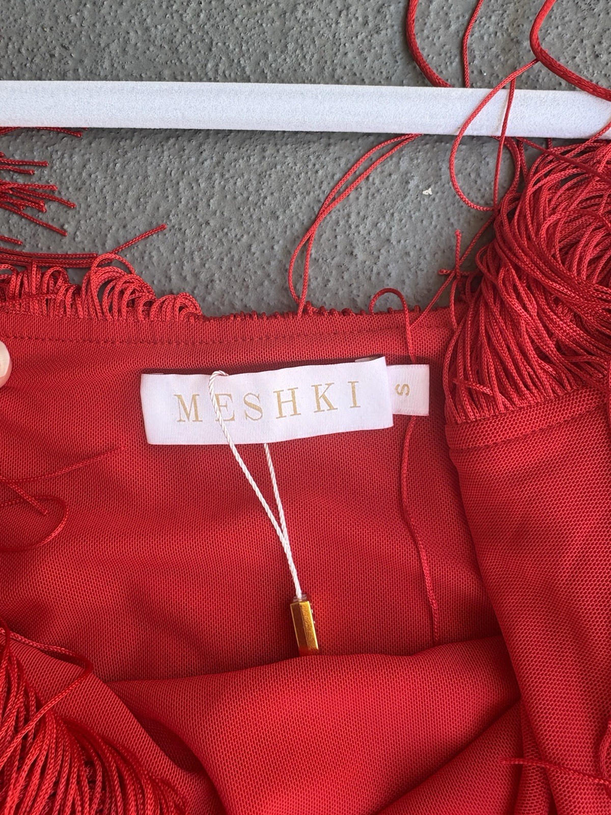 MESHKI Flowy Red Fringe V-Neck Strappy Mini Dress