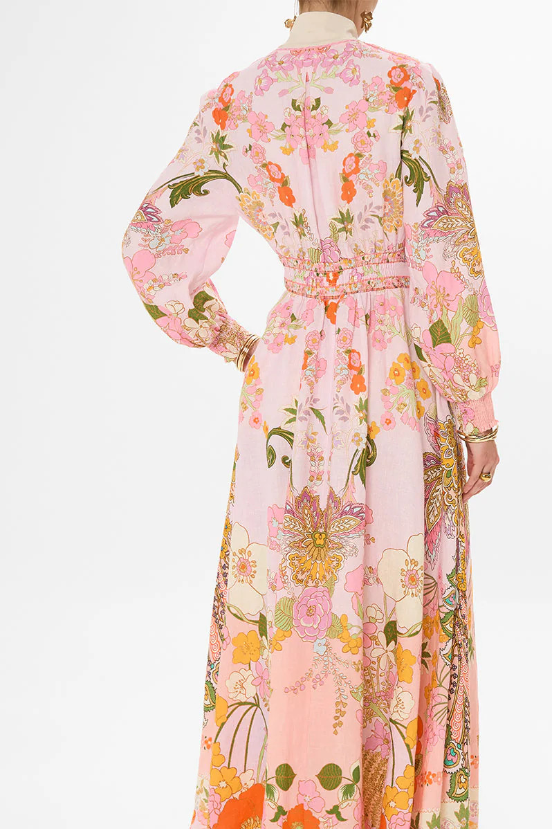 CAMILLA “Clever Clogs” Linen V-Neck Empire Waist Floral Smocked Maxi Dress, M