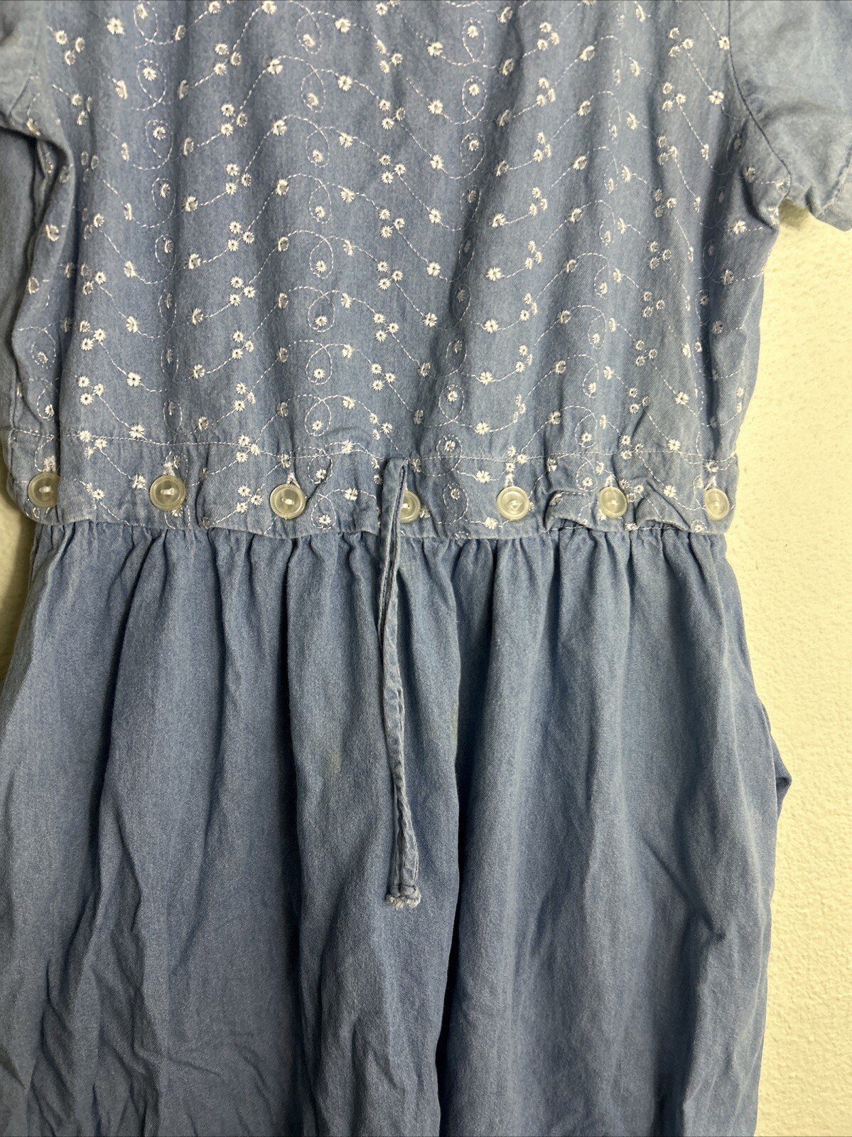 Vintage Chambray Women’s Medium Dress Blue Floral Elastic Waist Ankle Length